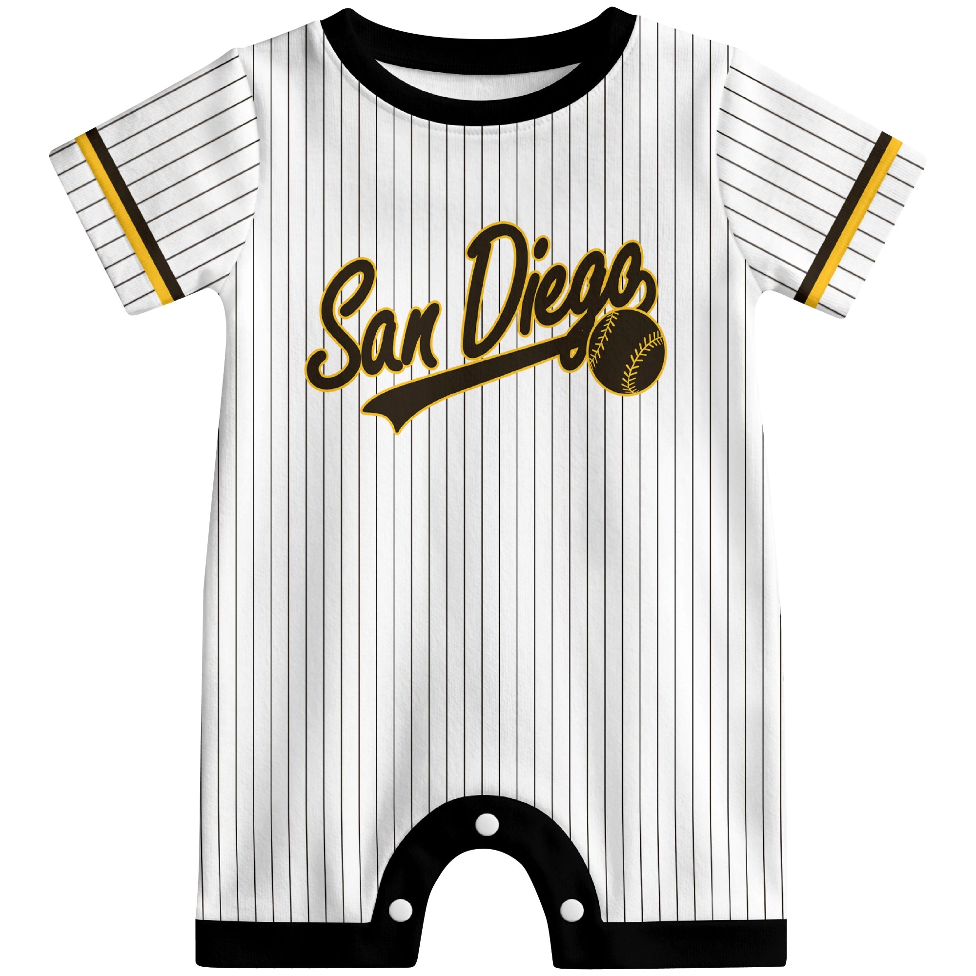 Front view of yellow custom baseball-style baby romper with team-inspired text design
