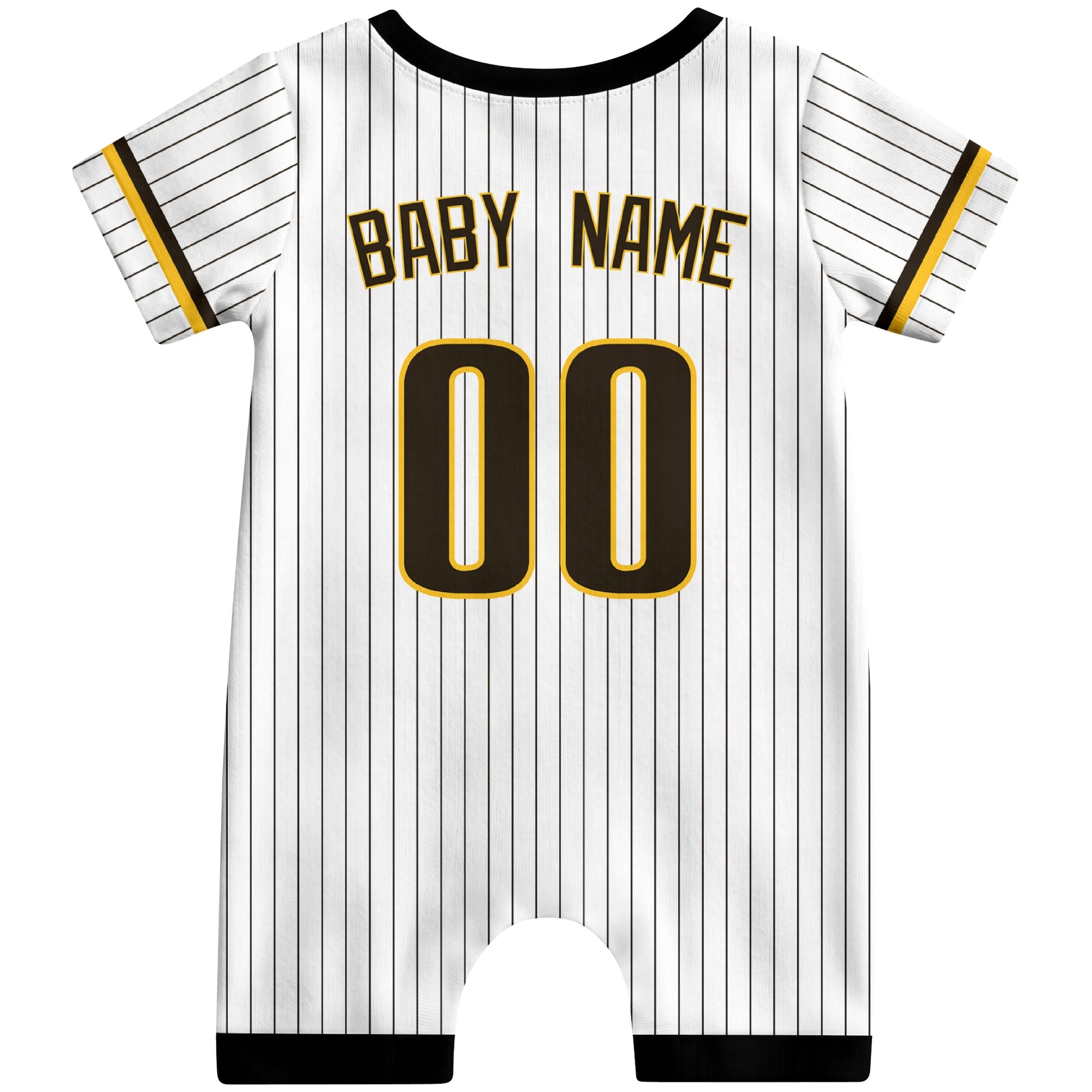 Back view of yellow custom baby romper with personalized name and number