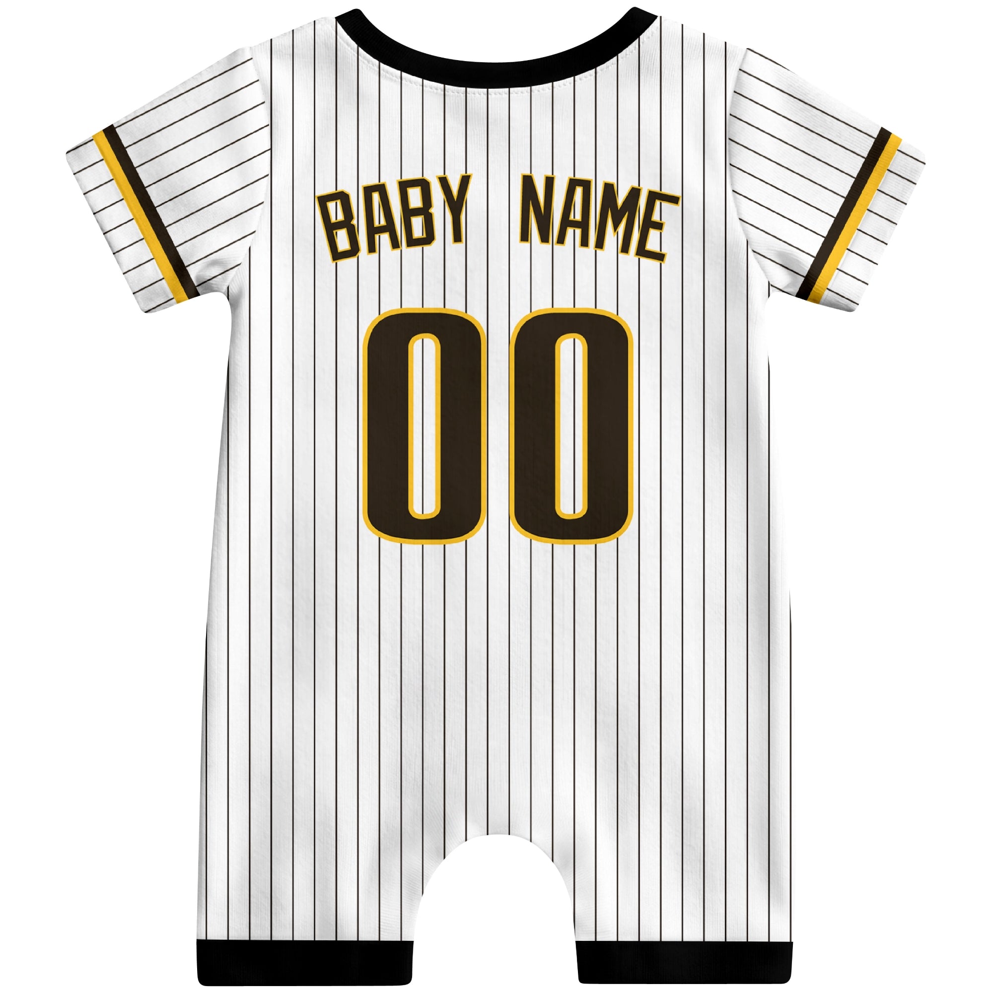 Back view of yellow custom baby romper with personalized name and number