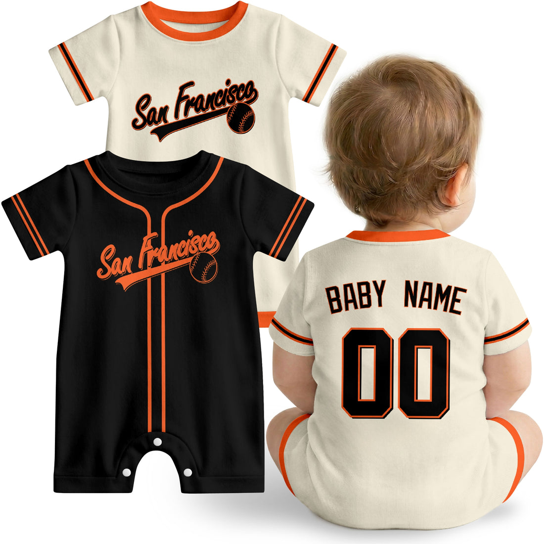 San Francisco Baby wearing custom baseball-style romper in orange and black with personalized name and number, shown beside two additional sporty color variations