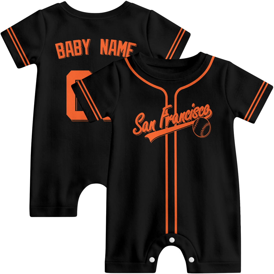 San Francisco Baby wearing custom baseball-style romper in orange and black with personalized name and number, shown beside two additional sporty color variations