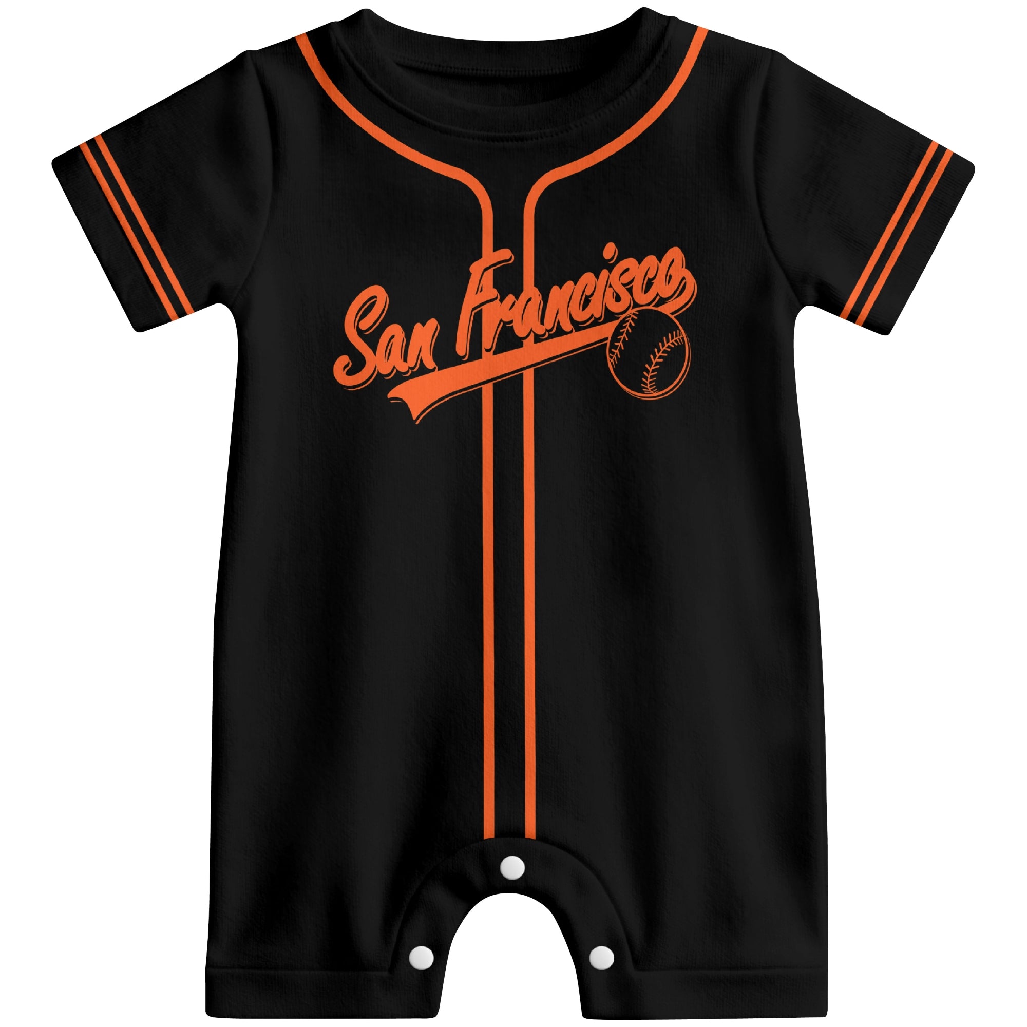 Front view of orange custom baseball-style baby romper with team-inspired text design