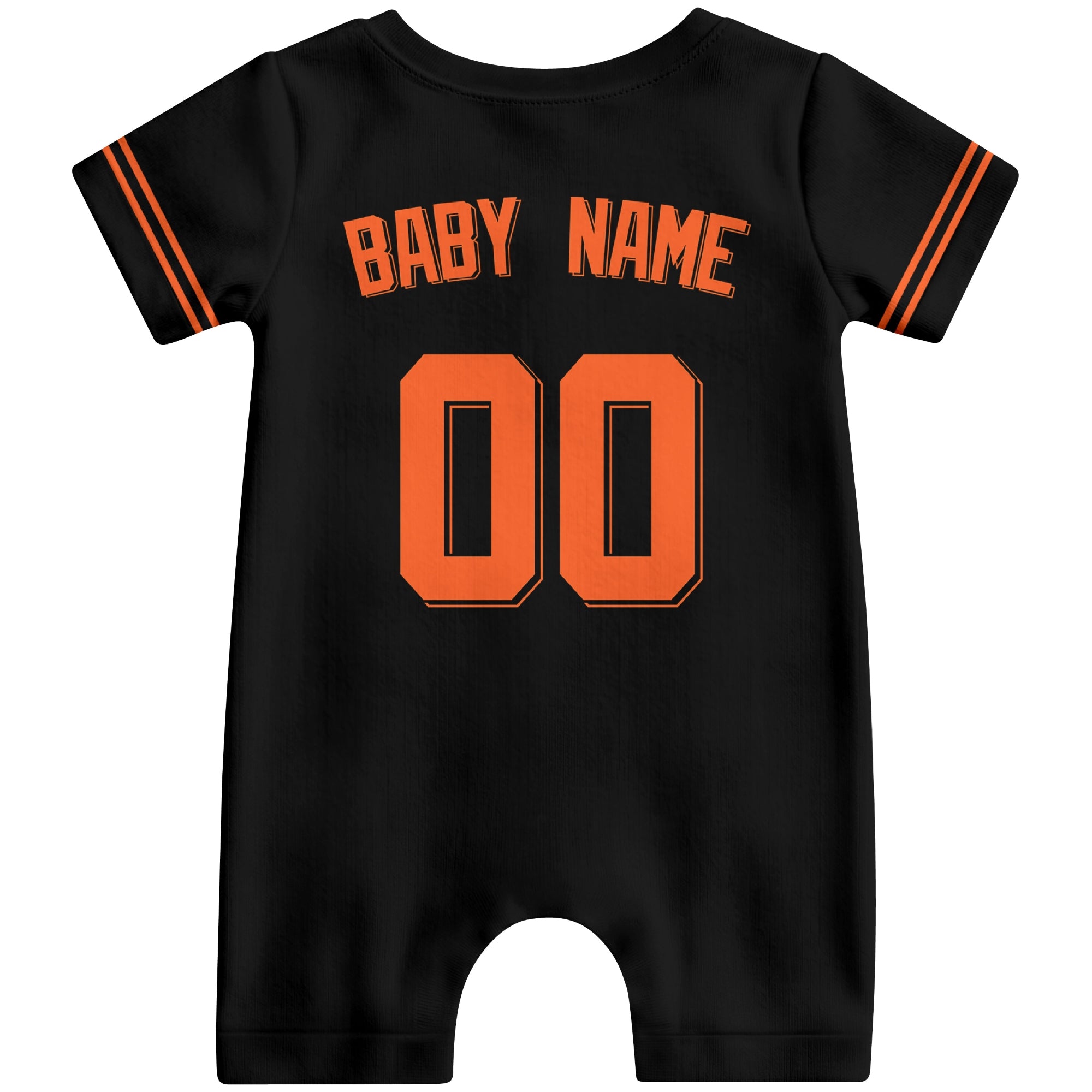 Back view of orange custom baby romper with personalized name and number