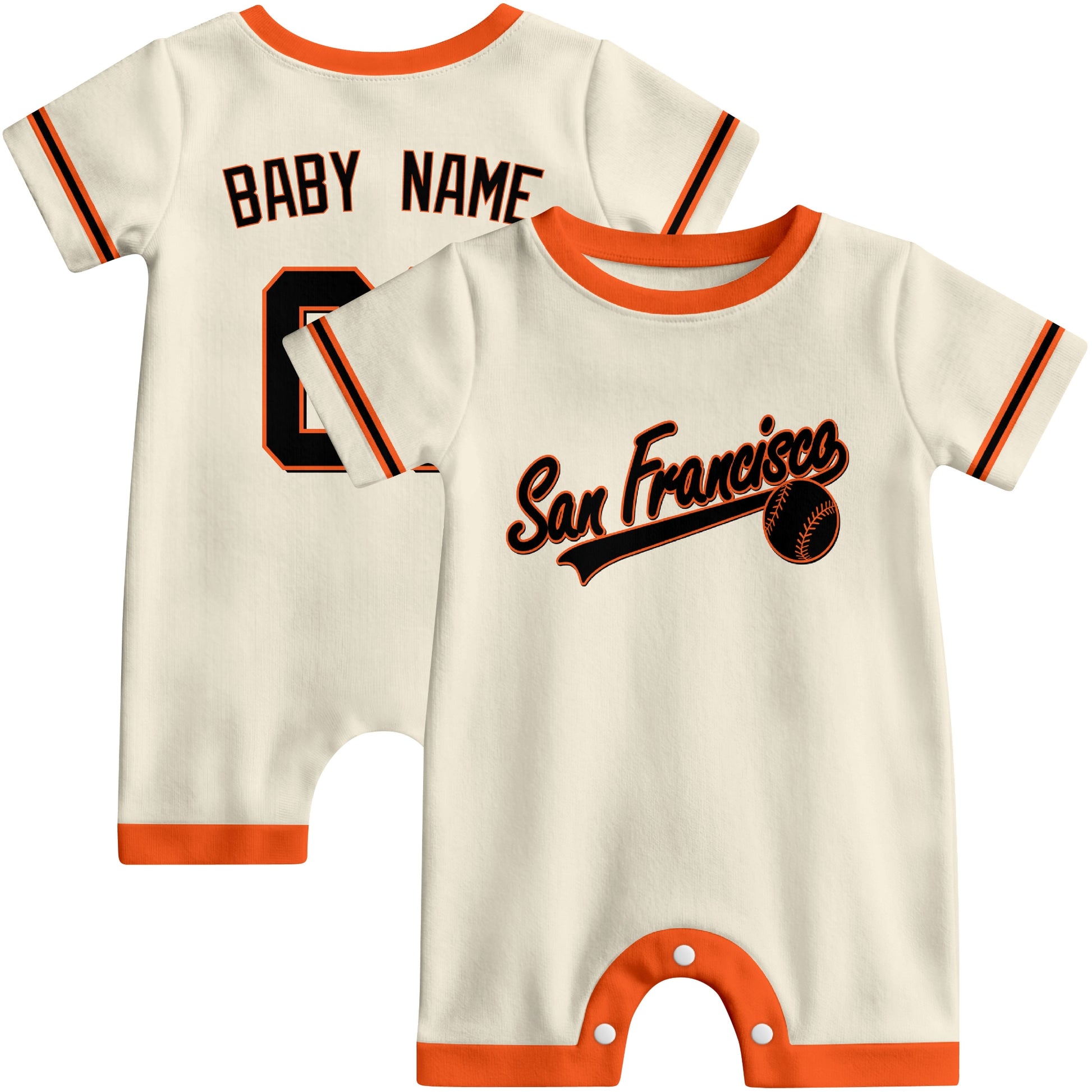 Front and back view of black custom baseball-style baby romper