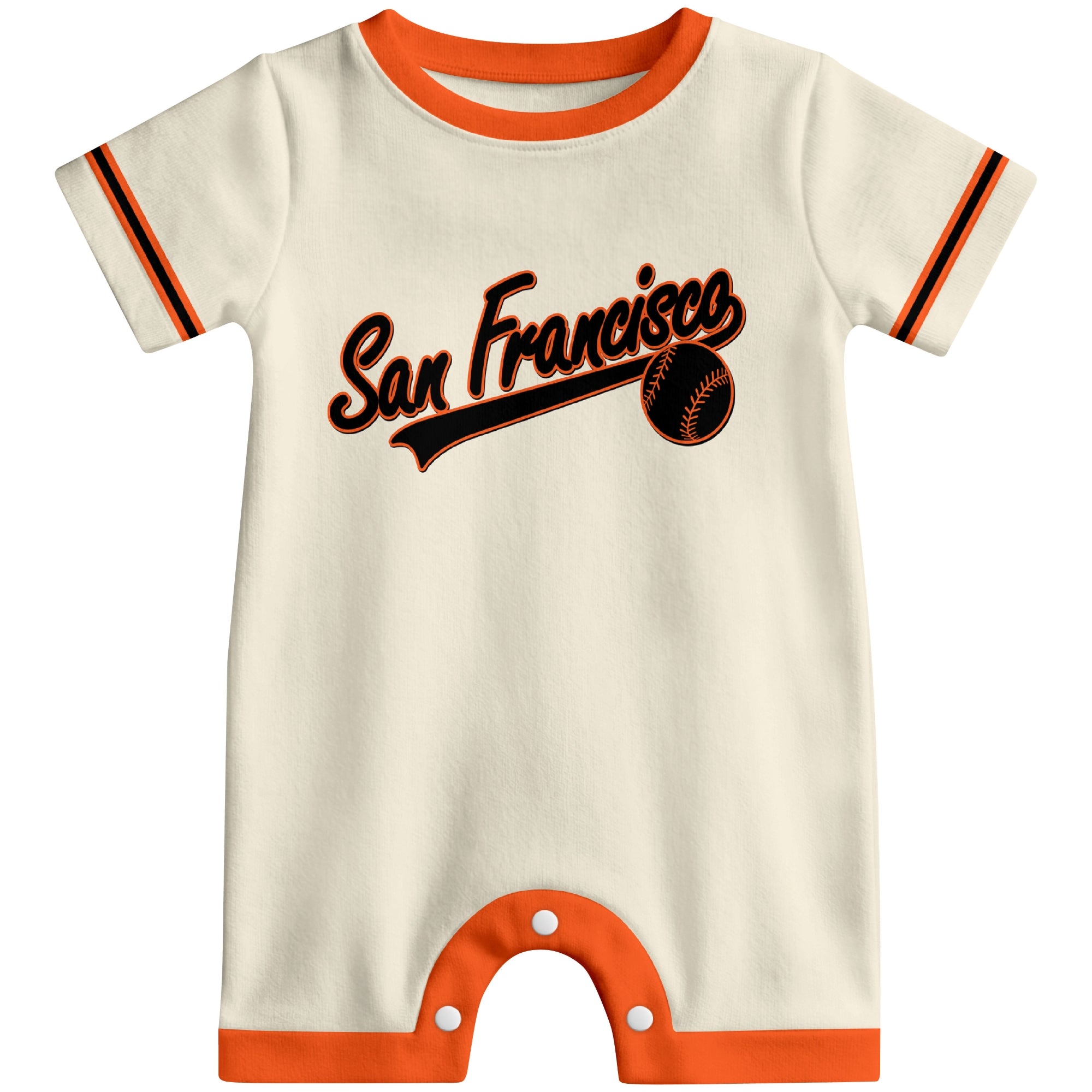 Front view of black custom baseball-style baby romper with team-inspired text design