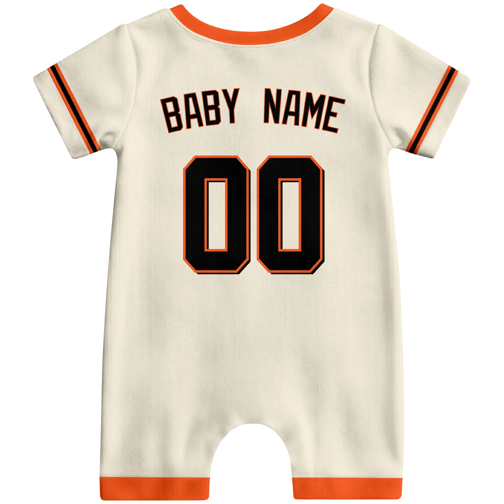 Back view of black custom baby romper with personalized name and number