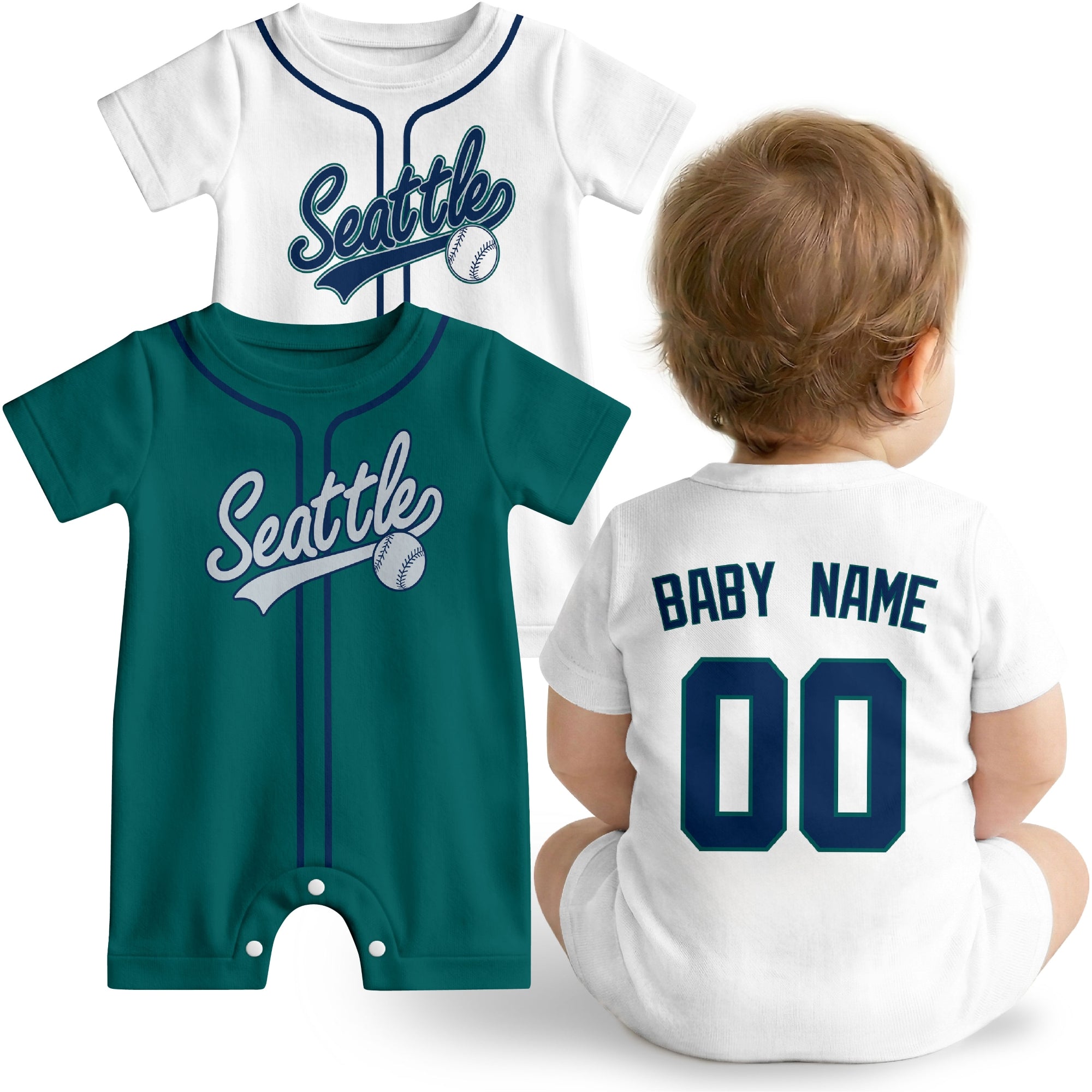 Seattle Baby wearing custom baseball-style romper in navy and teal with personalized name and number, shown beside two additional sporty color variations