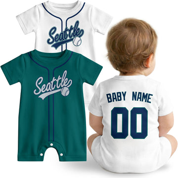 Seattle Baby wearing custom baseball-style romper in navy and teal with personalized name and number, shown beside two additional sporty color variations