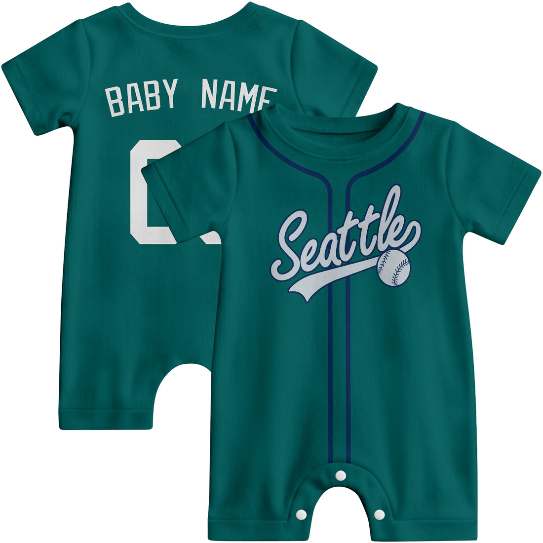 Seattle Baby wearing custom baseball-style romper in navy and teal with personalized name and number, shown beside two additional sporty color variations