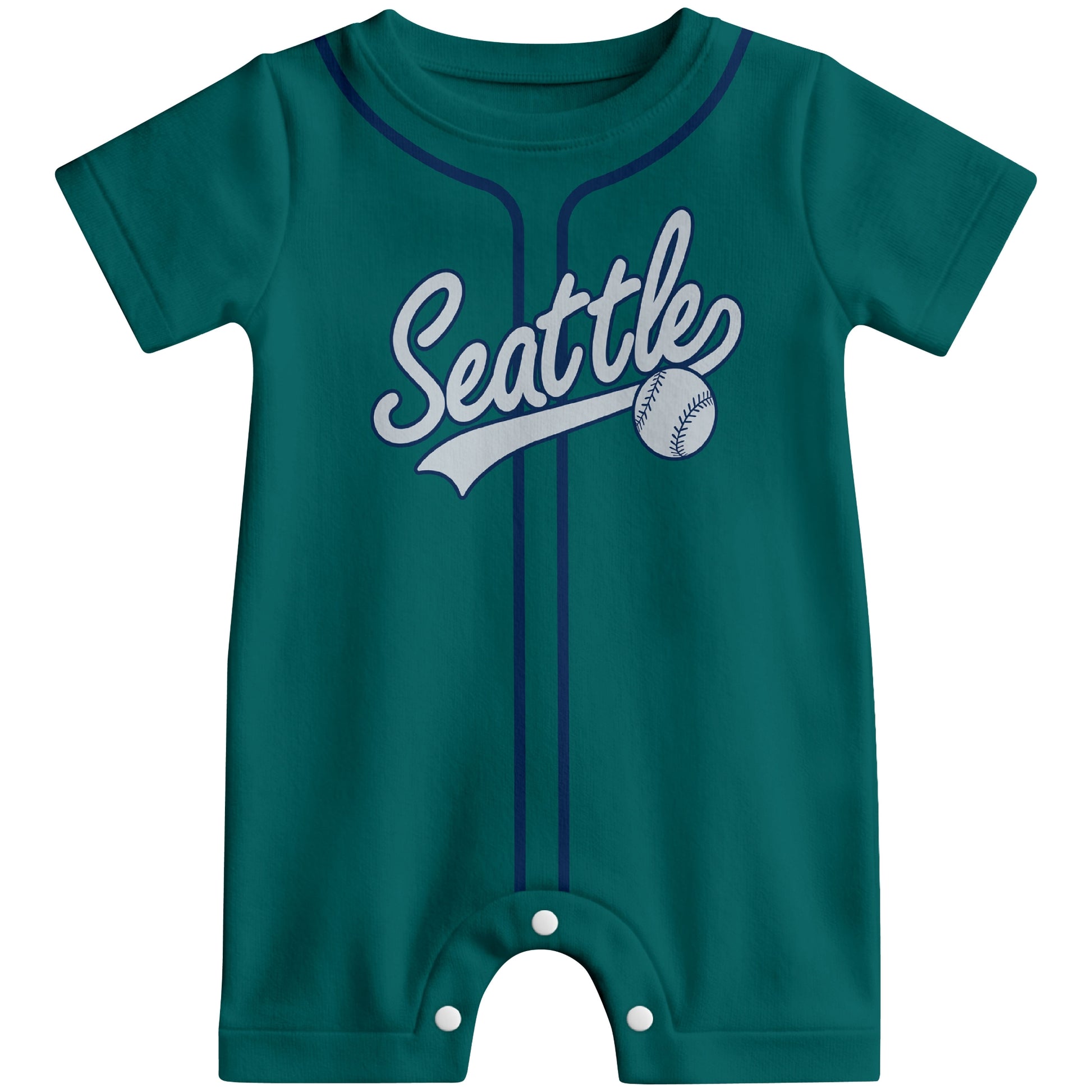 Front view of navy custom baseball-style baby romper with team-inspired text design