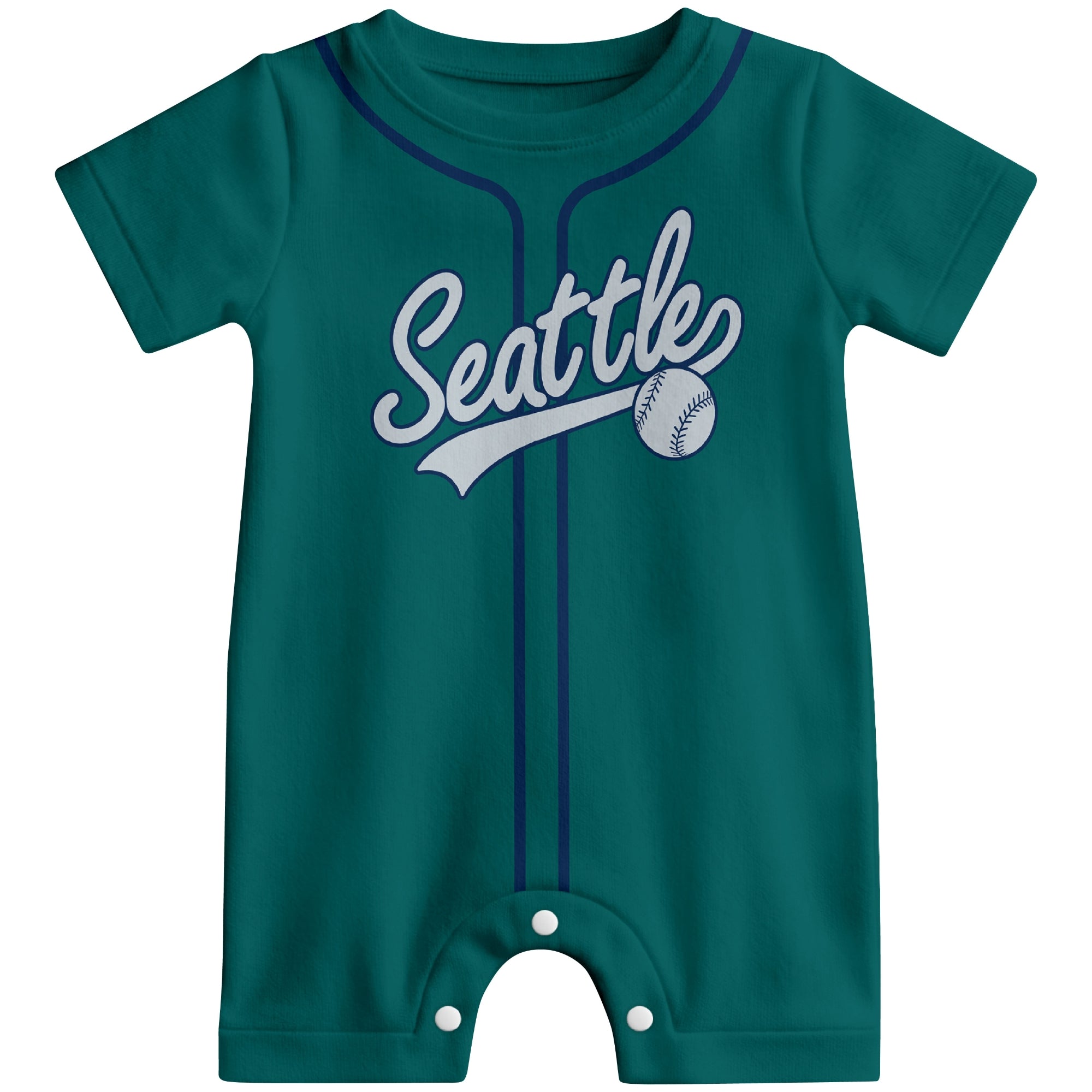 Front view of navy custom baseball-style baby romper with team-inspired text design
