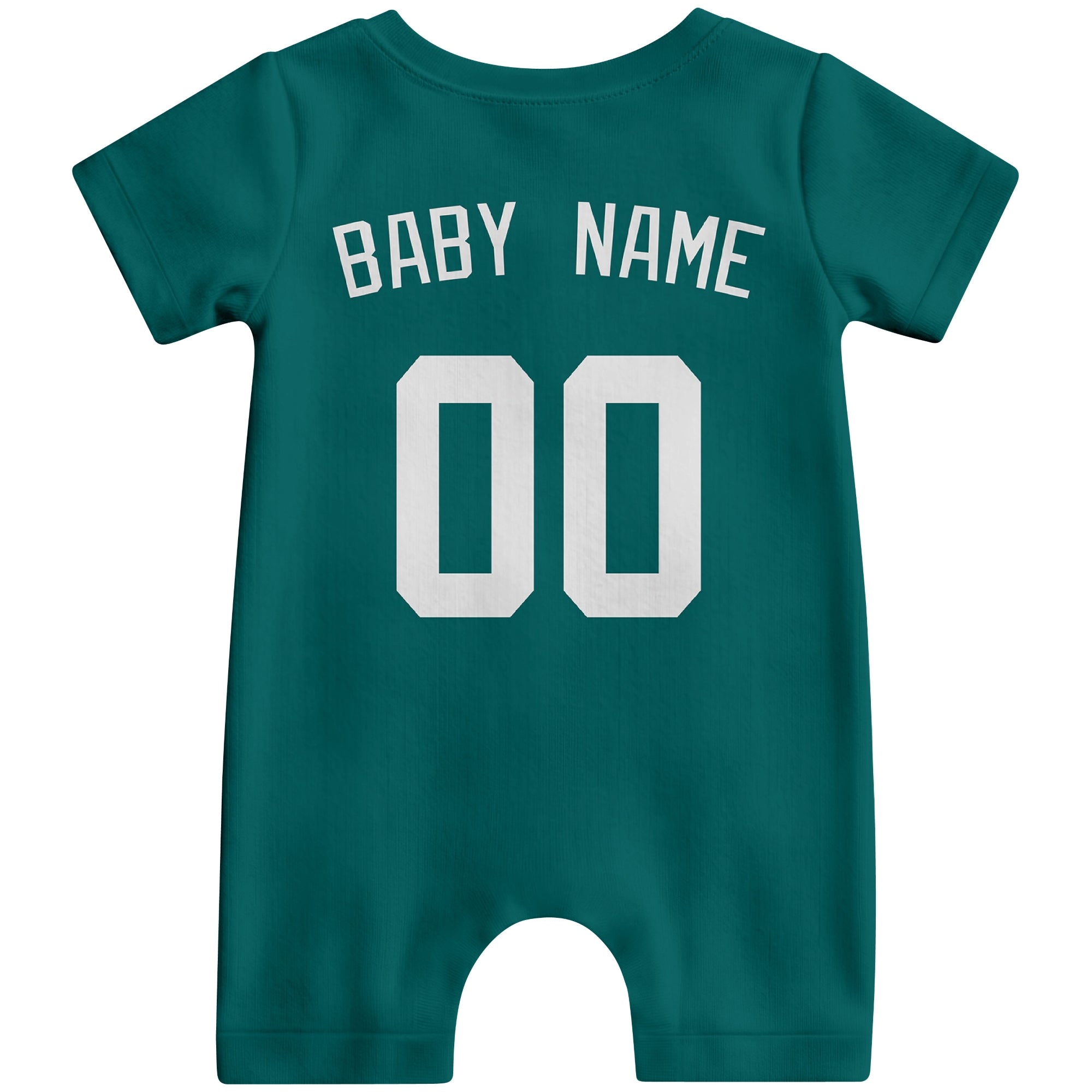 Back view of navy custom baby romper with personalized name and number