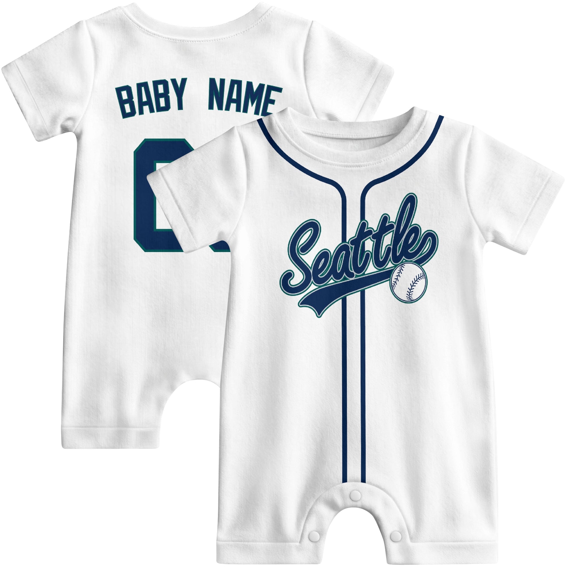 Front and back view of teal custom baseball-style baby romper