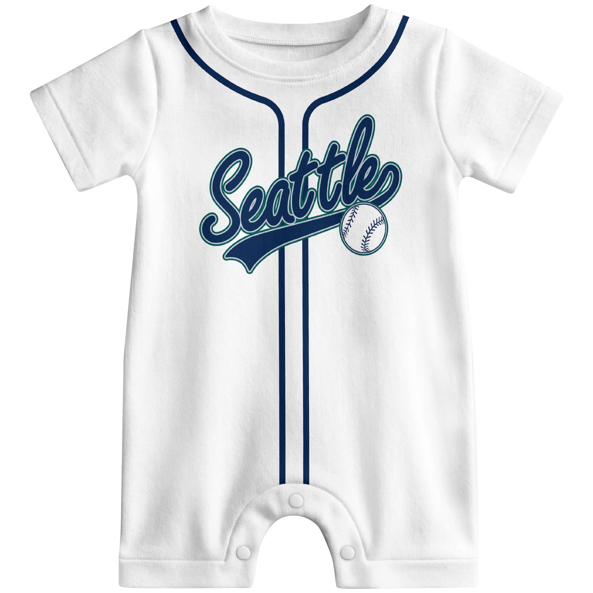 Front view of teal custom baseball-style baby romper with team-inspired text design