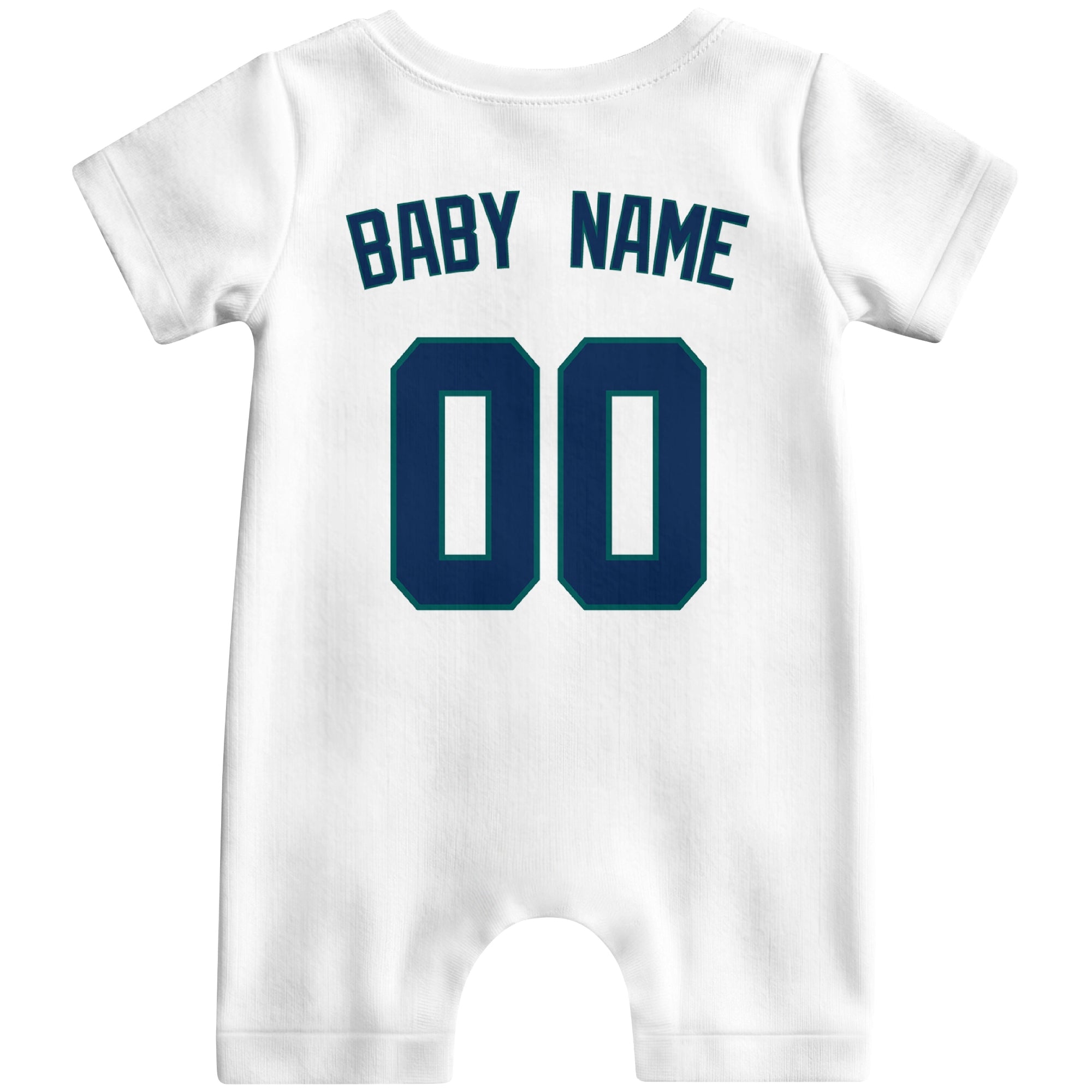 Back view of teal custom baby romper with personalized name and number