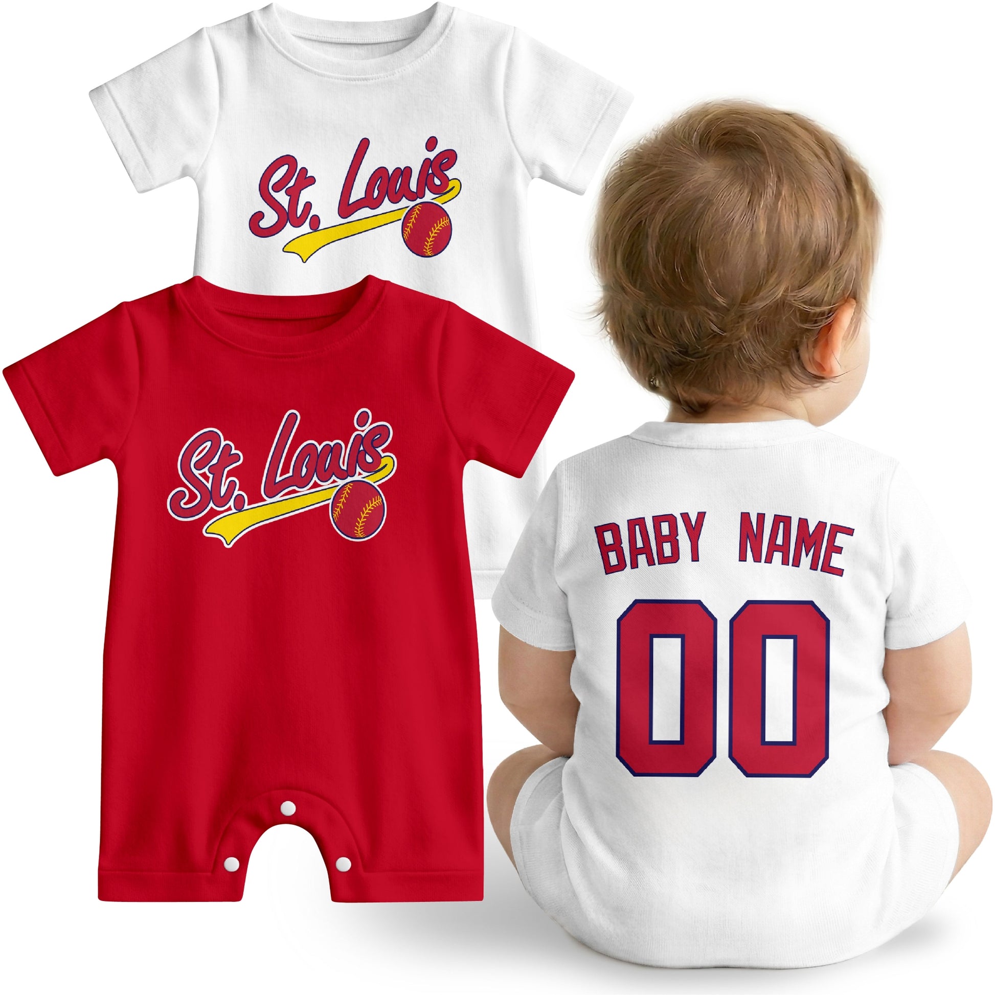 St. Louis Baby wearing custom baseball-style romper in red and white with personalized name and number, shown beside two additional sporty color variations