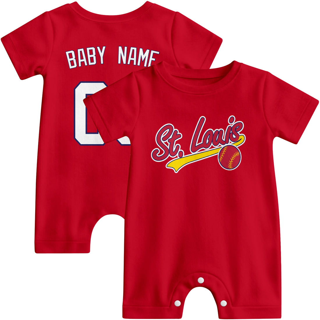 St. Louis Baby wearing custom baseball-style romper in red and white with personalized name and number, shown beside two additional sporty color variations