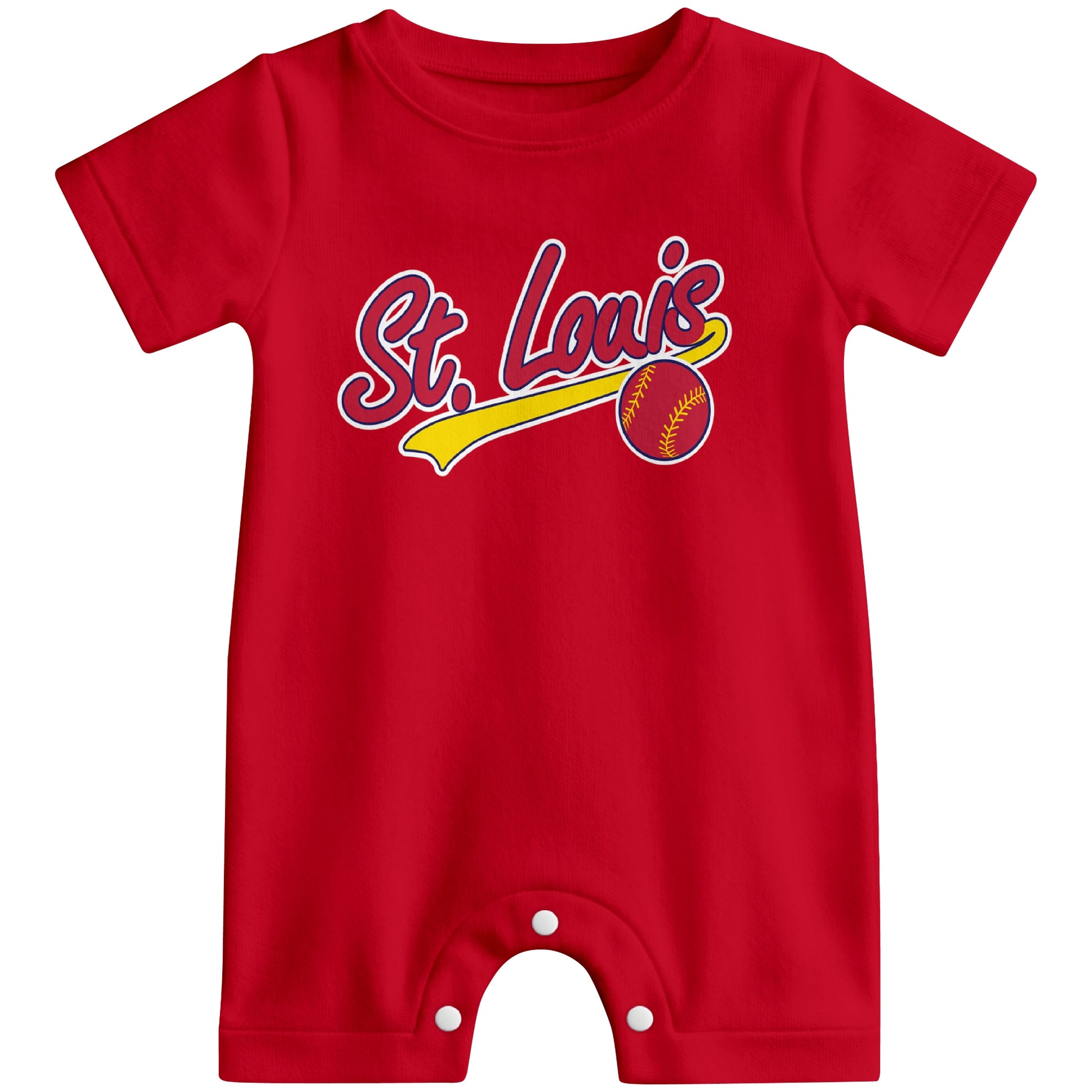 Front view of red custom baseball-style baby romper with team-inspired text design