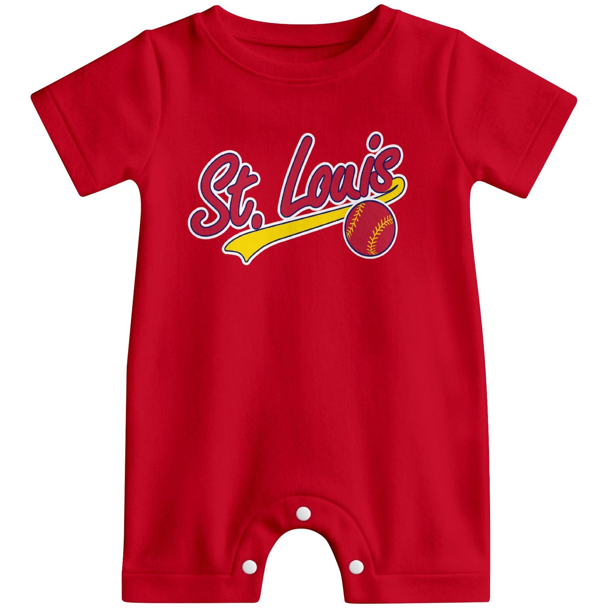 Front view of red custom baseball-style baby romper with team-inspired text design