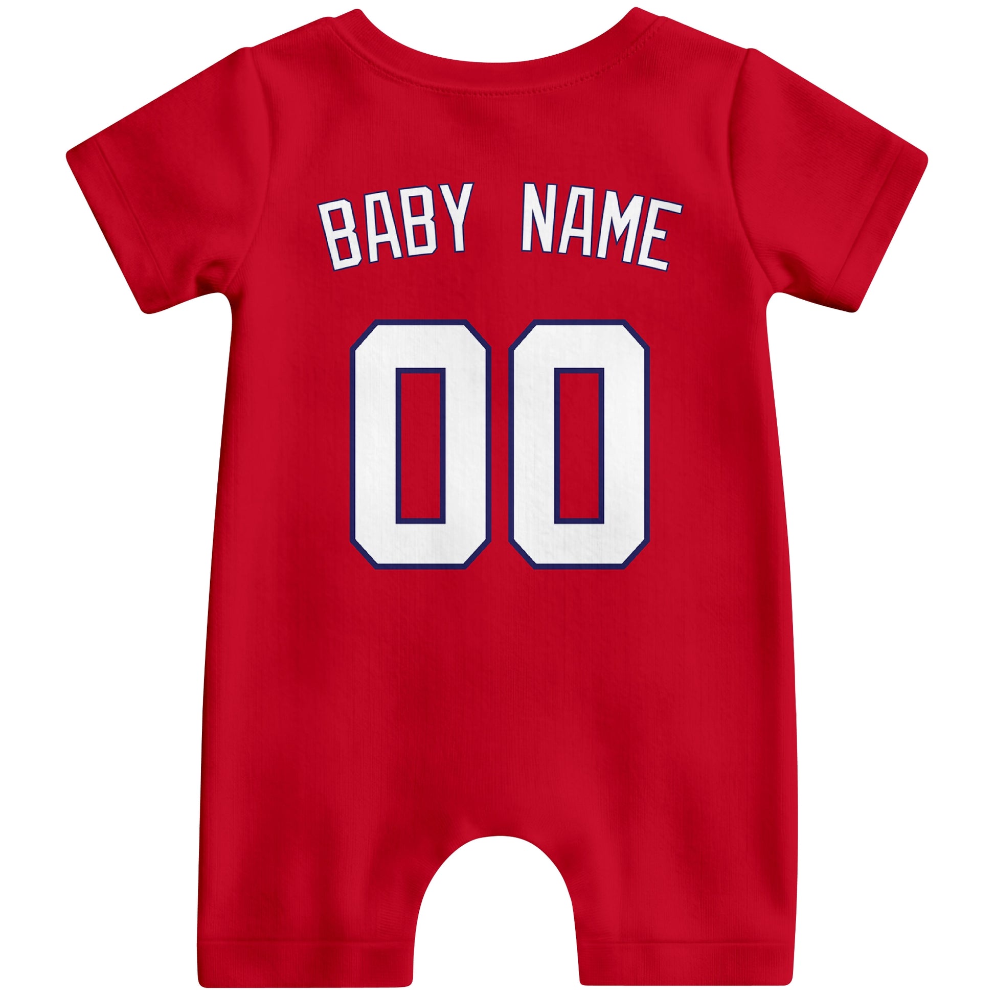 Back view of red custom baby romper with personalized name and number