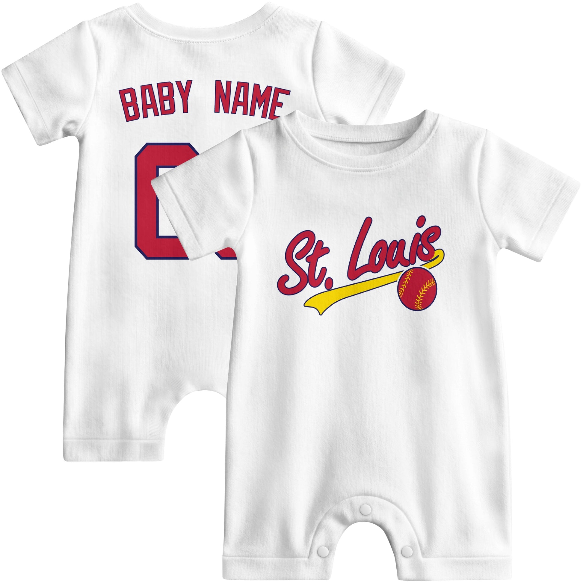 Front and back view of white custom baseball-style baby romper