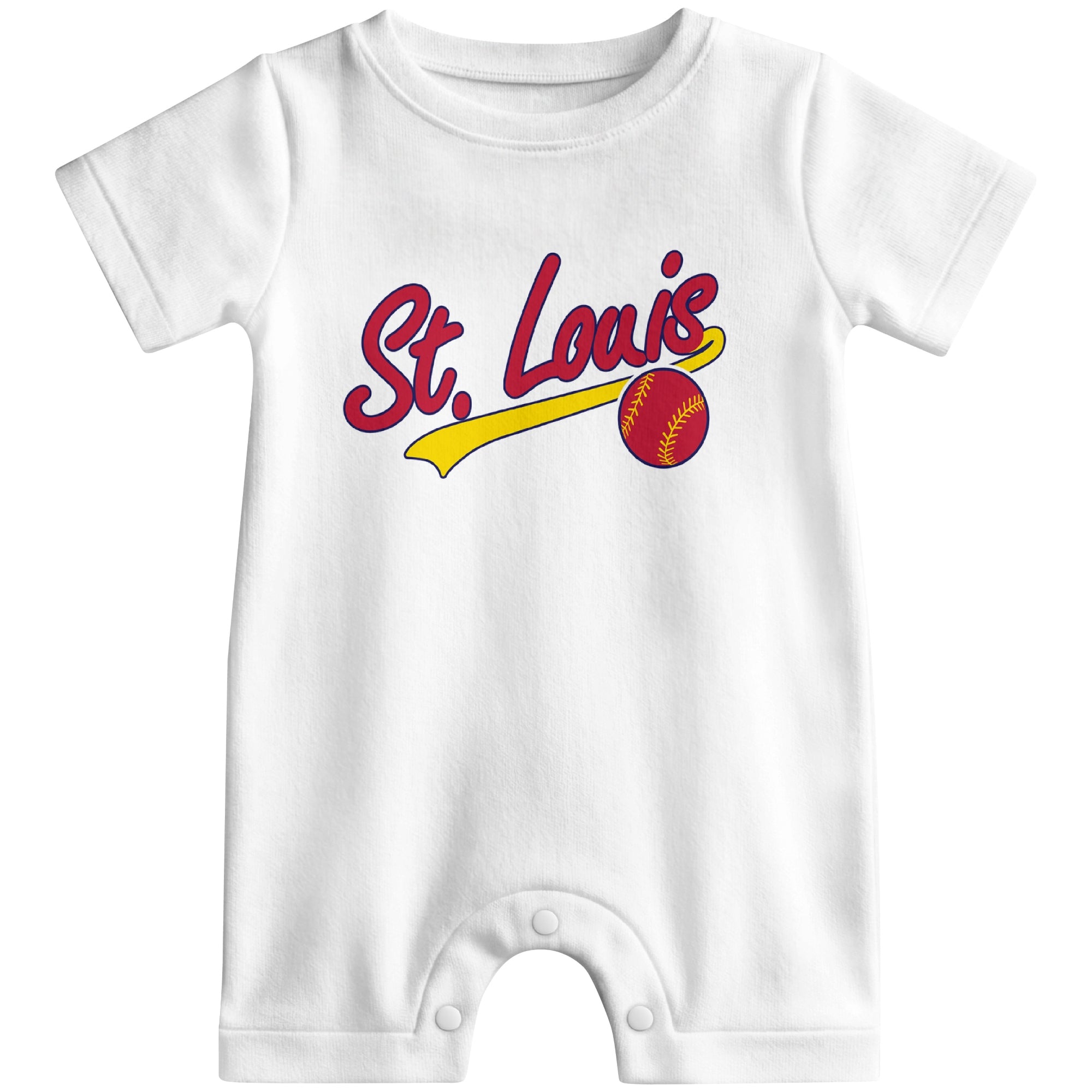 Front view of white custom baseball-style baby romper with team-inspired text design