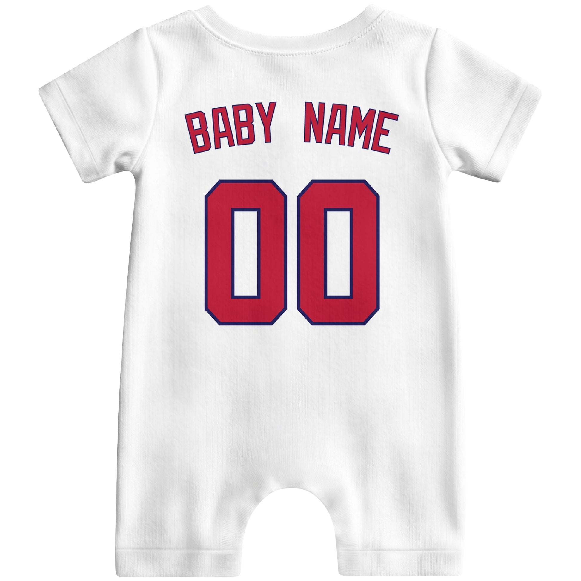 Back view of white custom baby romper with personalized name and number