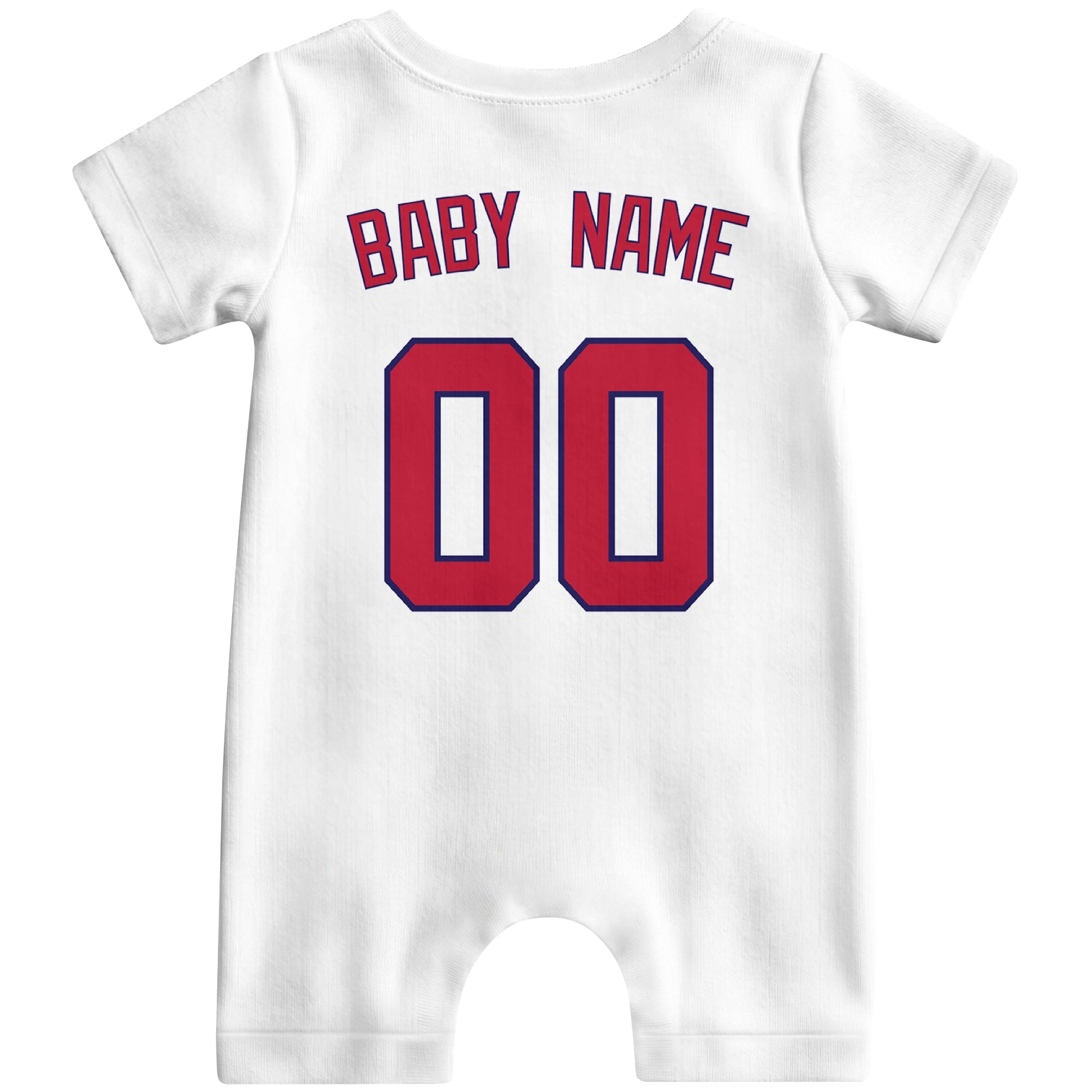 Back view of white custom baby romper with personalized name and number
