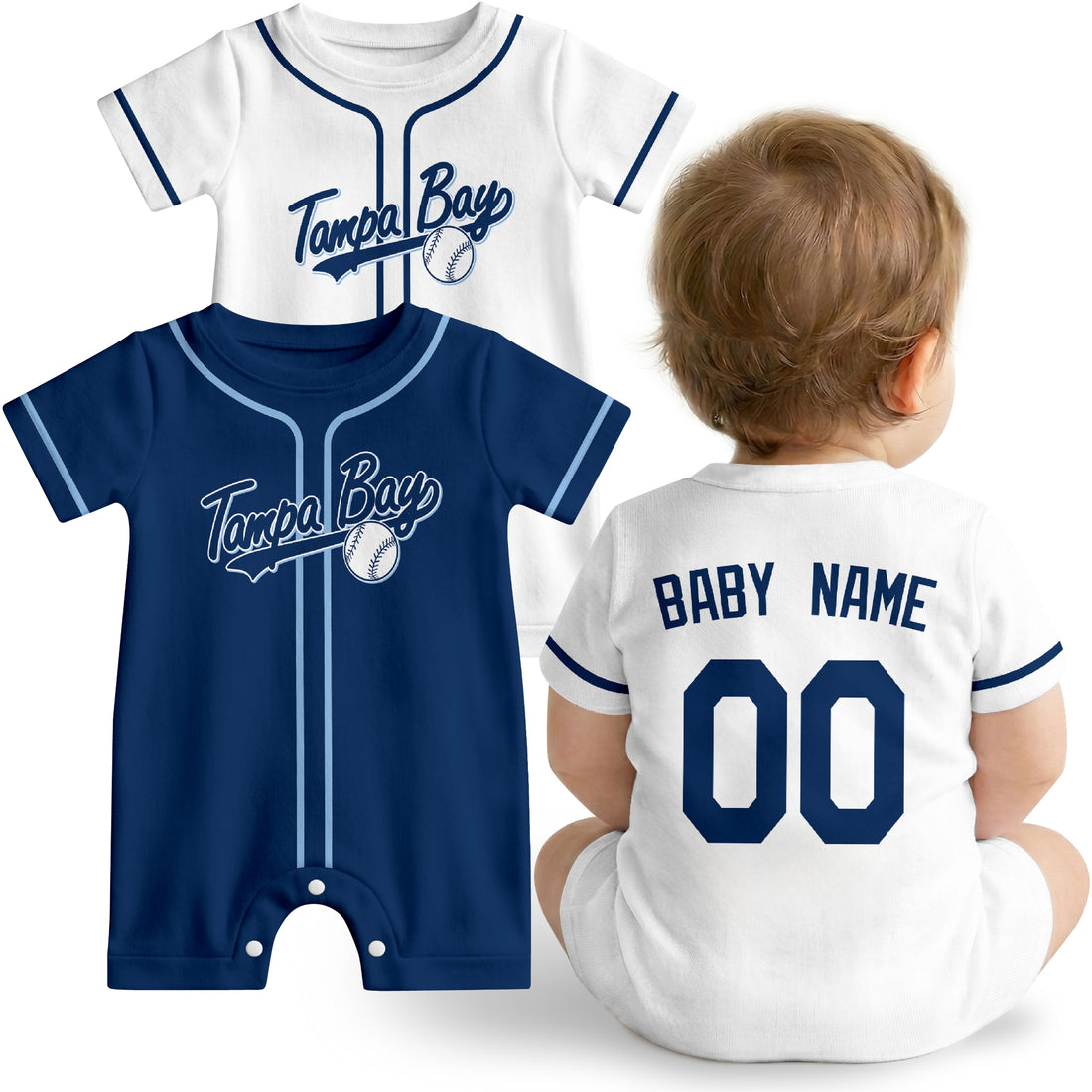 Tampa Bay Baby wearing custom baseball-style romper in navy and light blue with personalized name and number, shown beside two additional sporty color variations
