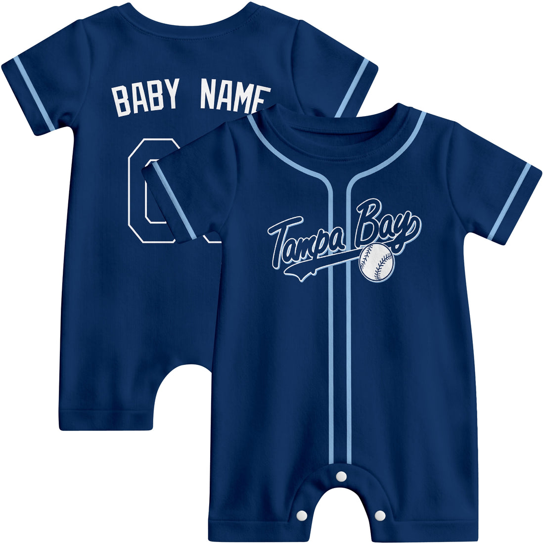 Tampa Bay Baby wearing custom baseball-style romper in navy and light blue with personalized name and number, shown beside two additional sporty color variations