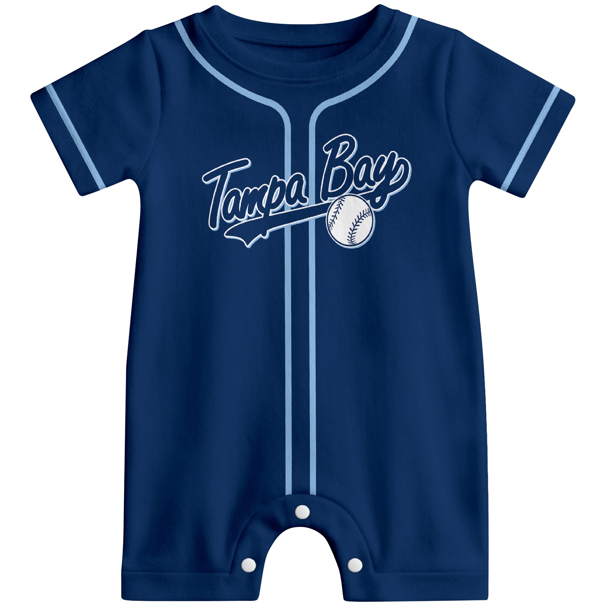 Front view of navy custom baseball-style baby romper with team-inspired text design