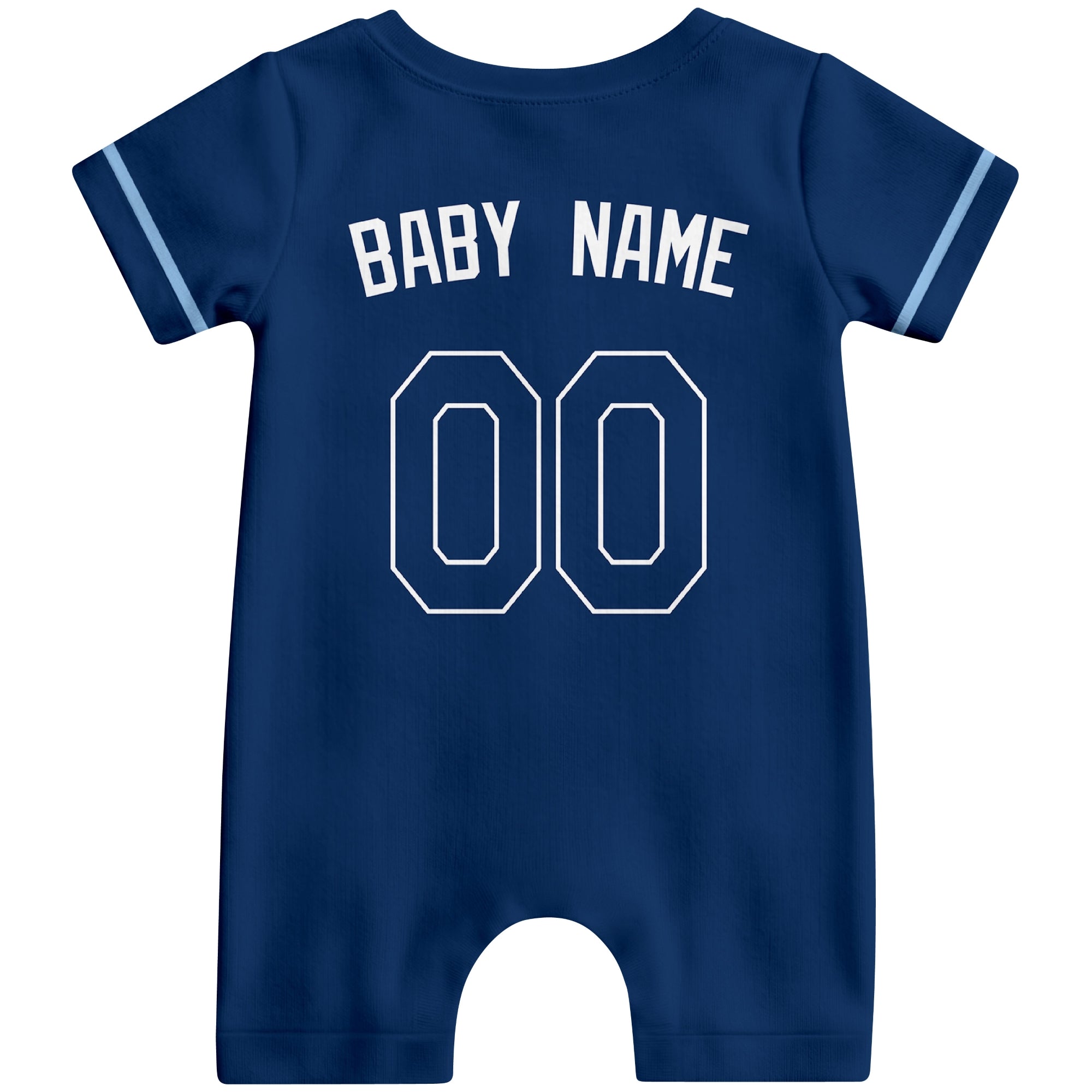 Back view of navy custom baby romper with personalized name and number