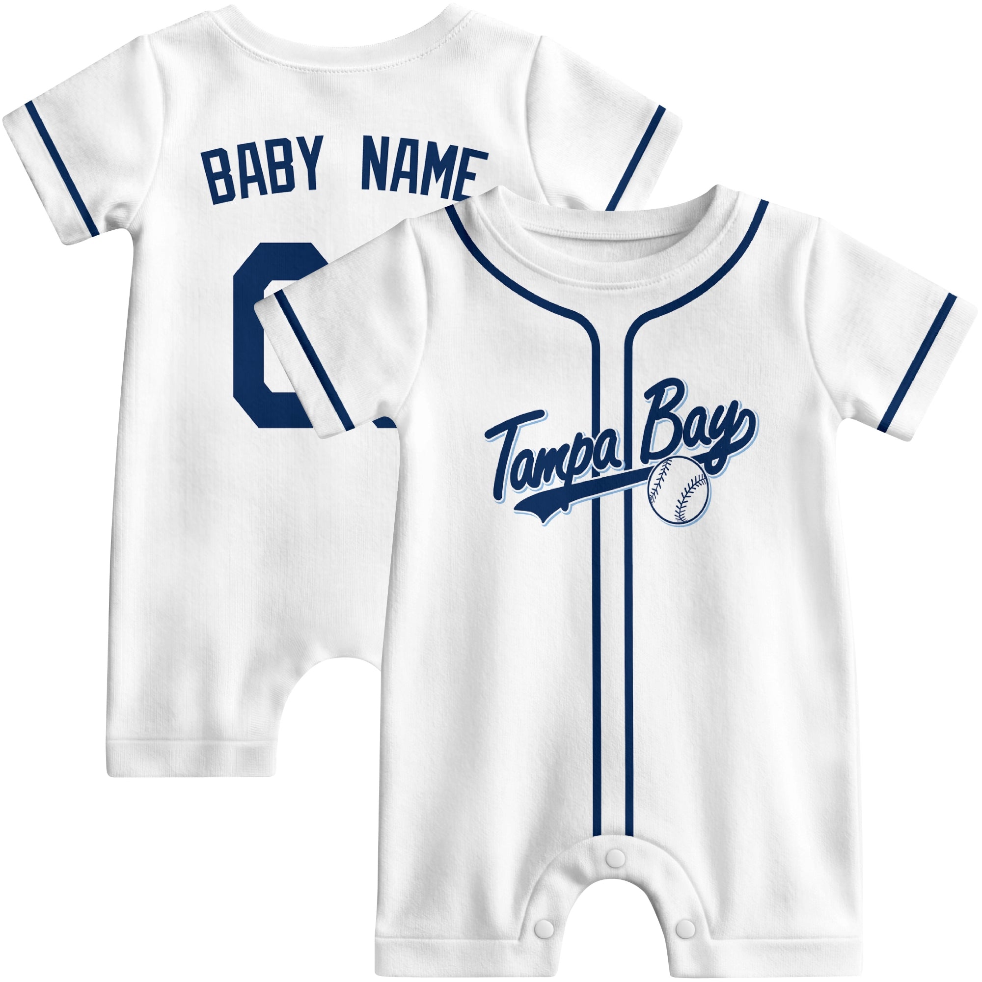 Front and back view of light blue custom baseball-style baby romper