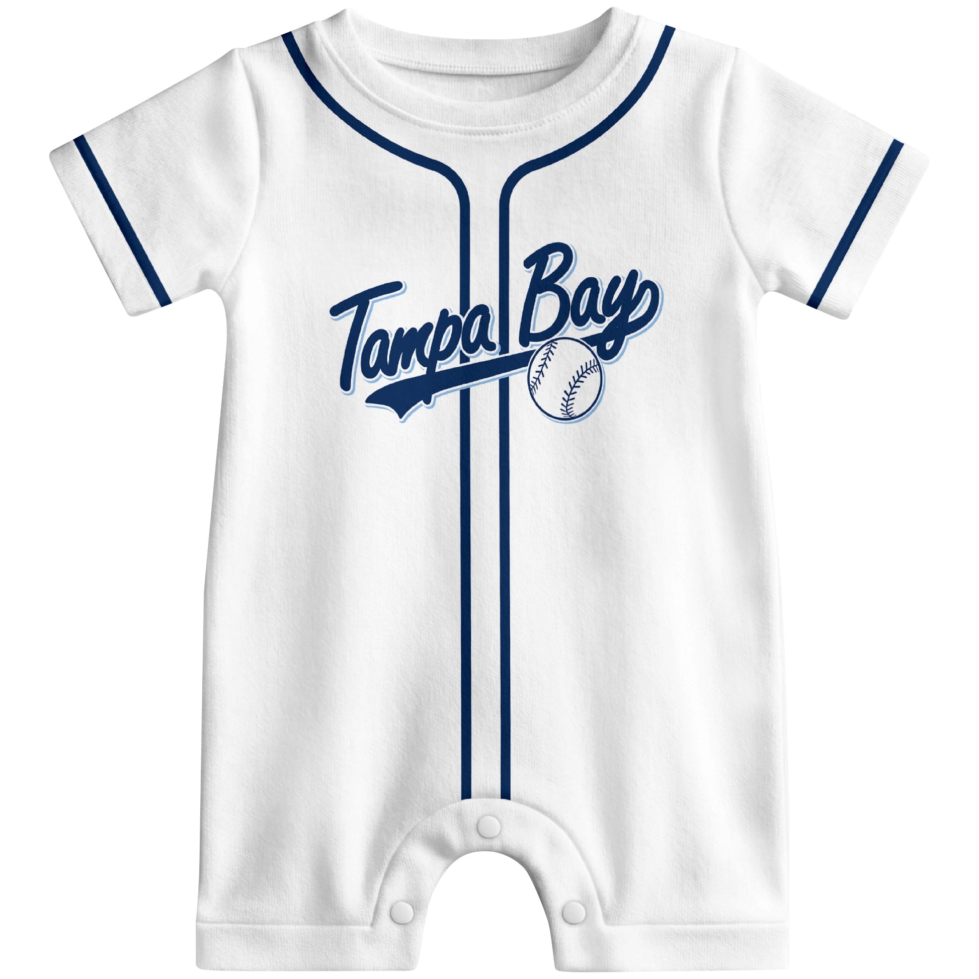 Front view of light blue custom baseball-style baby romper with team-inspired text design