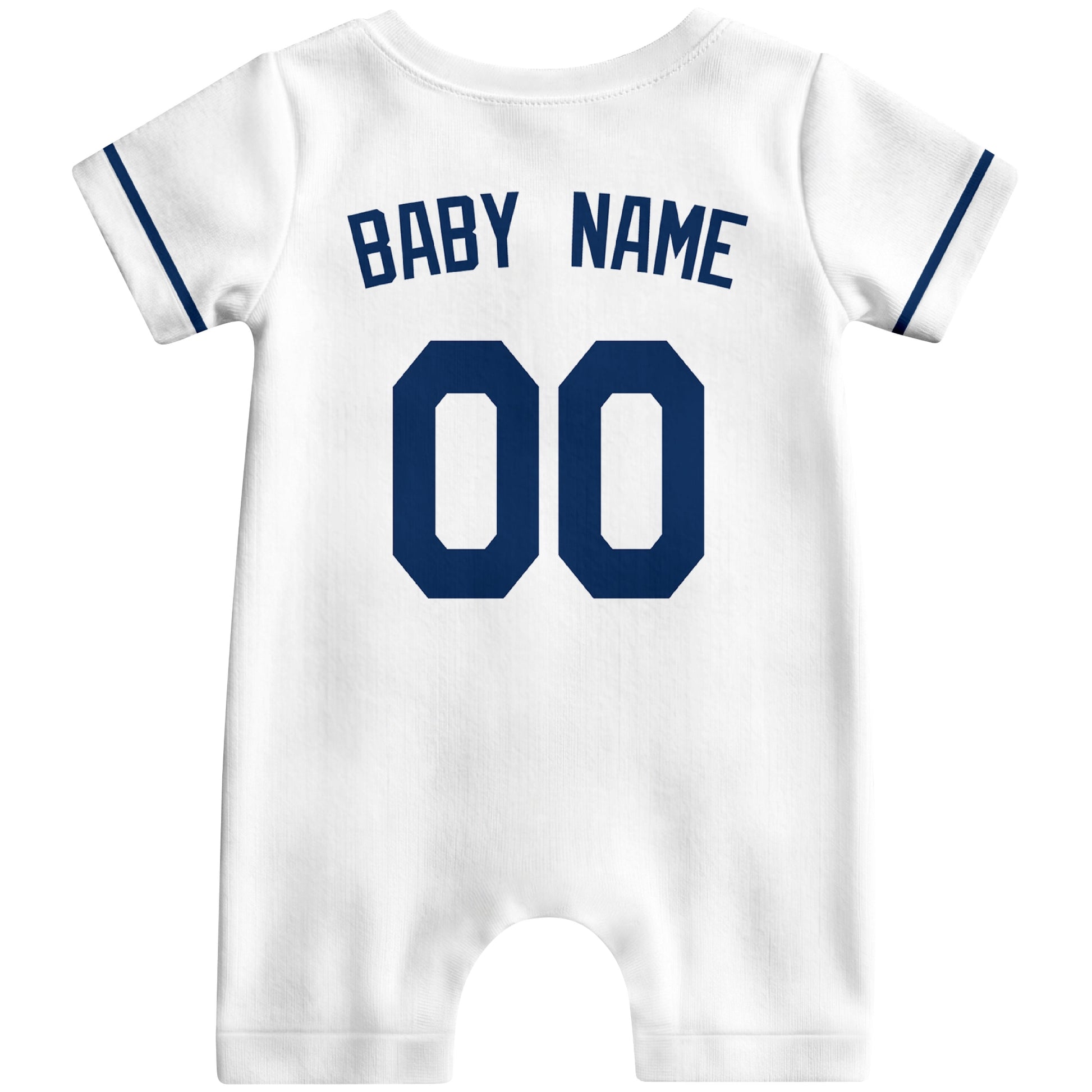 Back view of light blue custom baby romper with personalized name and number