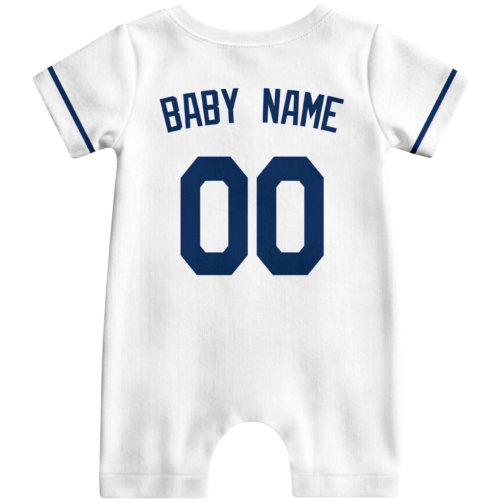 Back view of light blue custom baby romper with personalized name and number