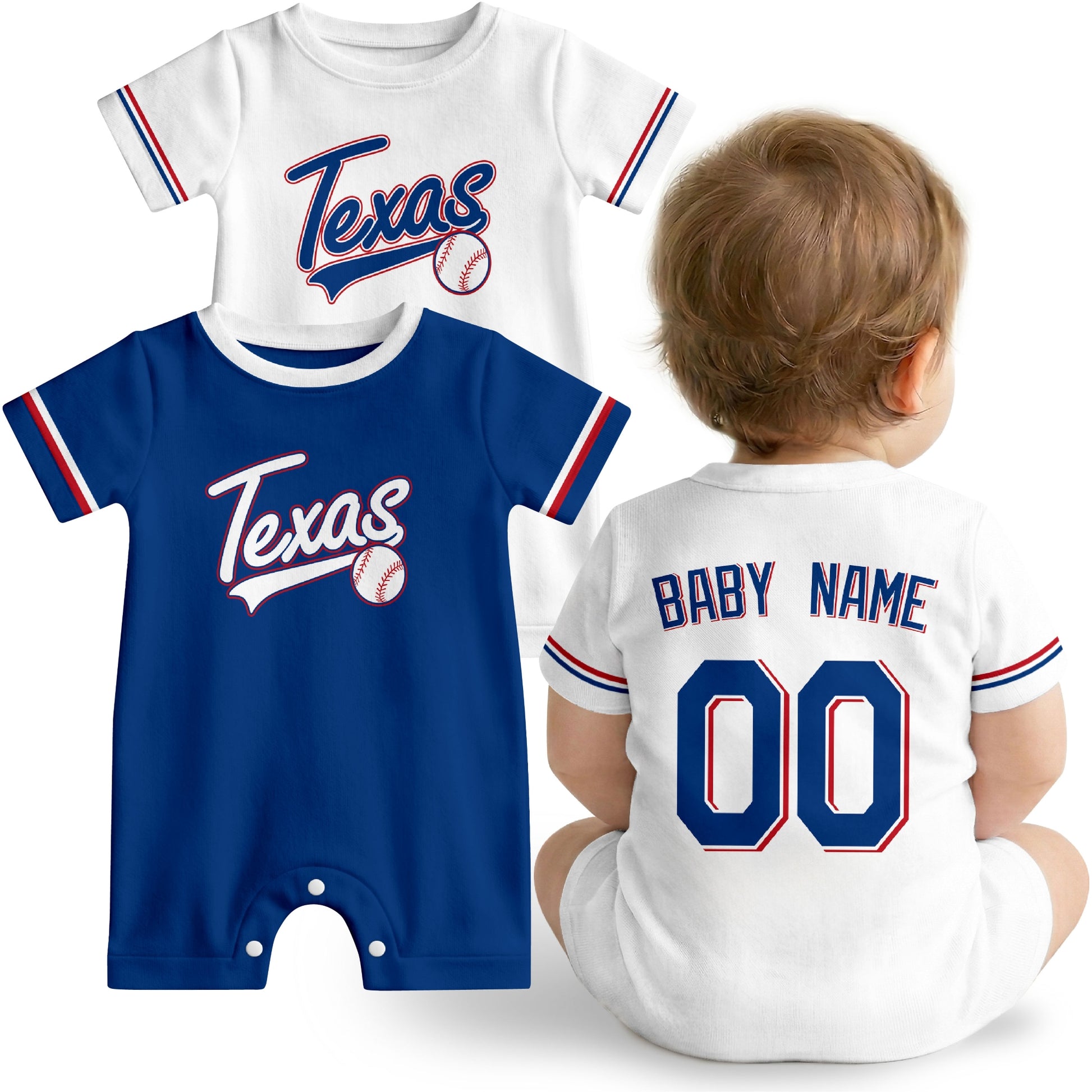 Texas Baby wearing custom baseball-style romper in royal blue and red with personalized name and number, shown beside two additional sporty color variations