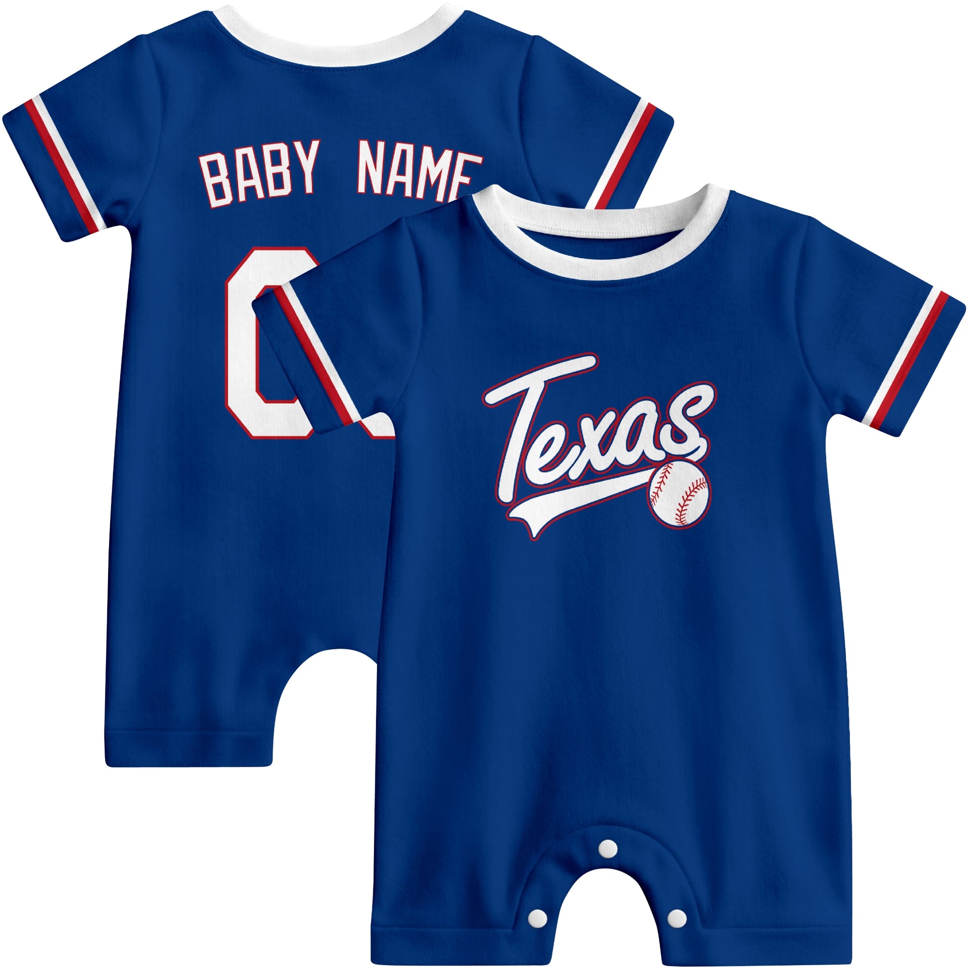 Front and back view of royal blue and red custom baseball-style baby romper