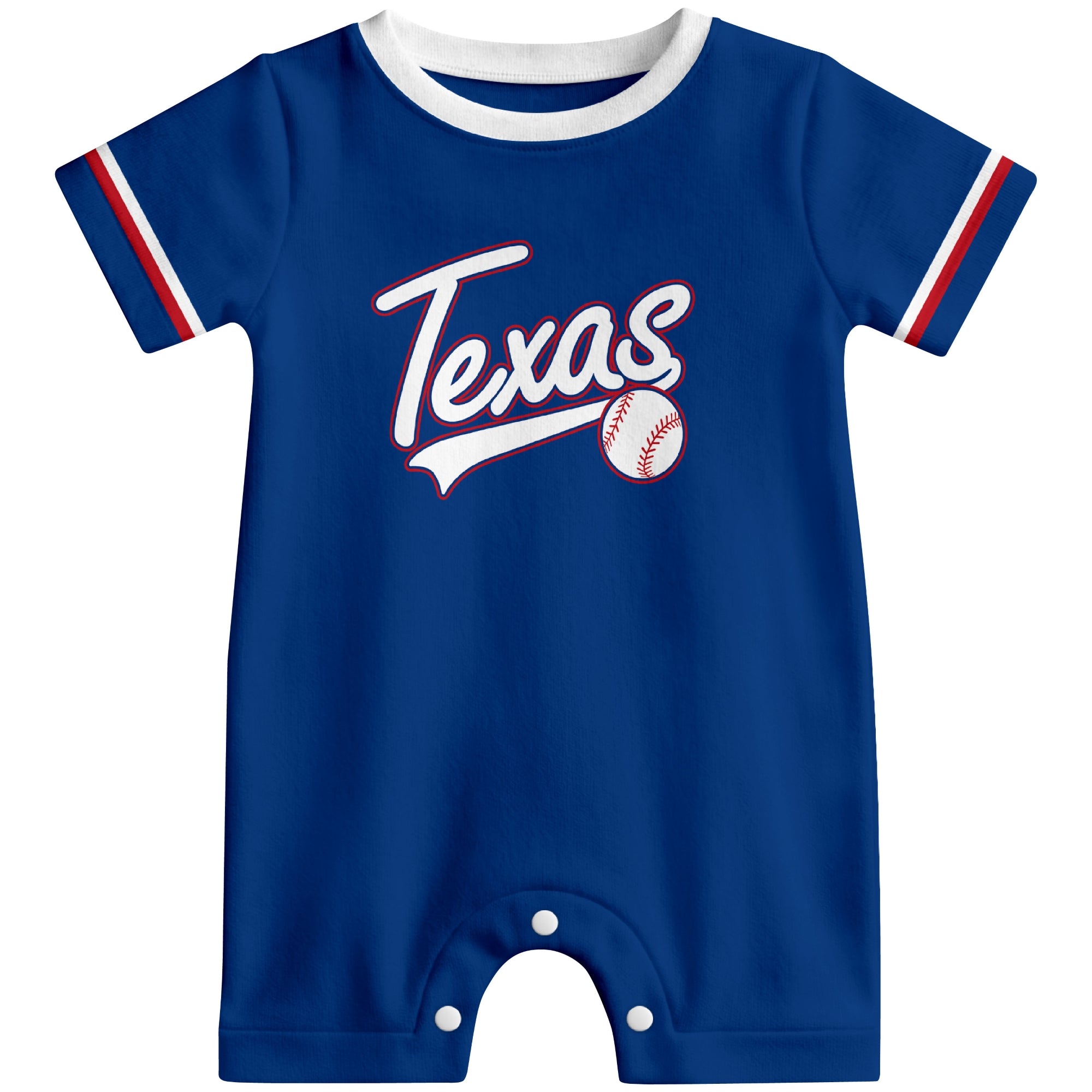 Front view of royal blue custom baseball-style baby romper with team-inspired text design