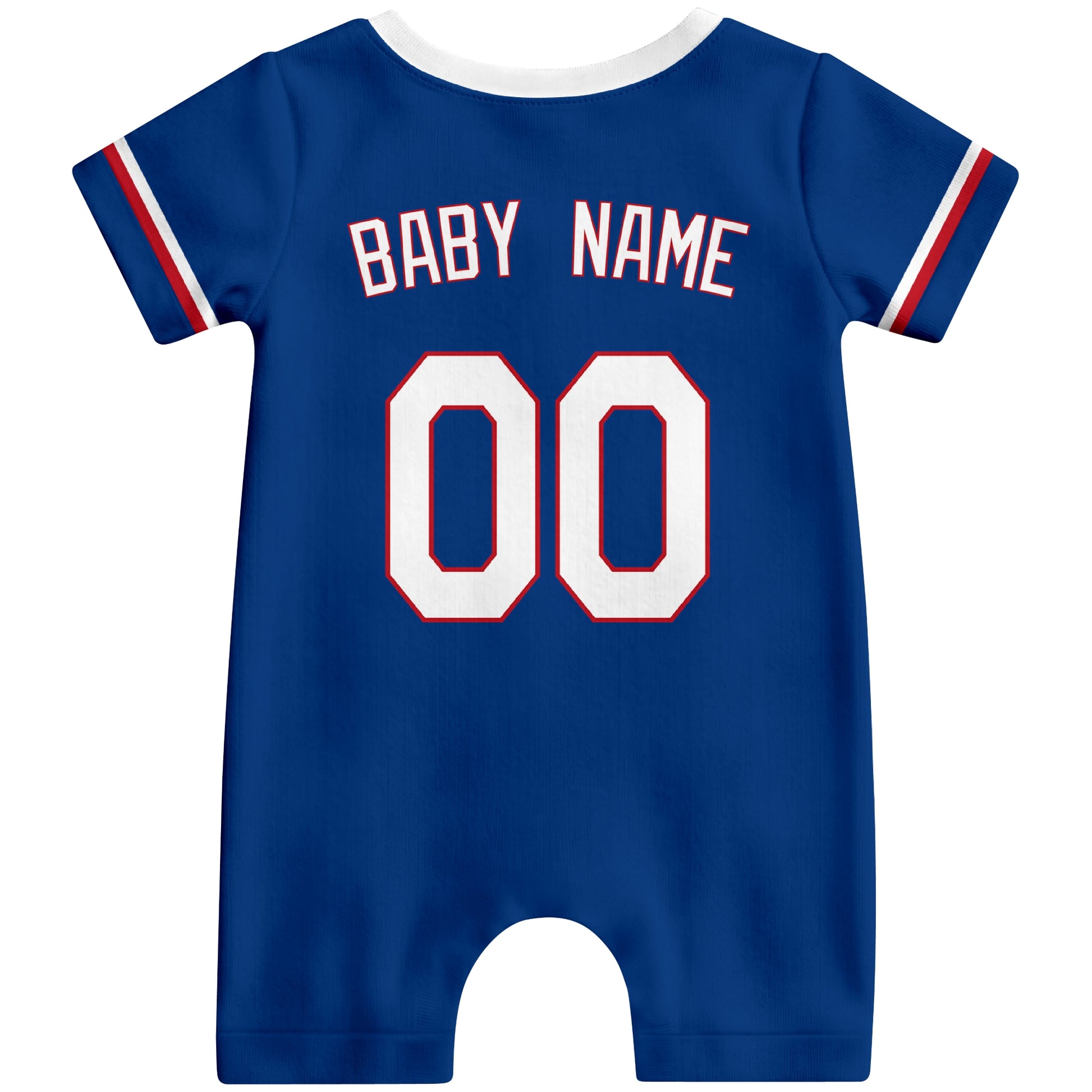 Back view of royal blue custom baby romper with personalized name and number