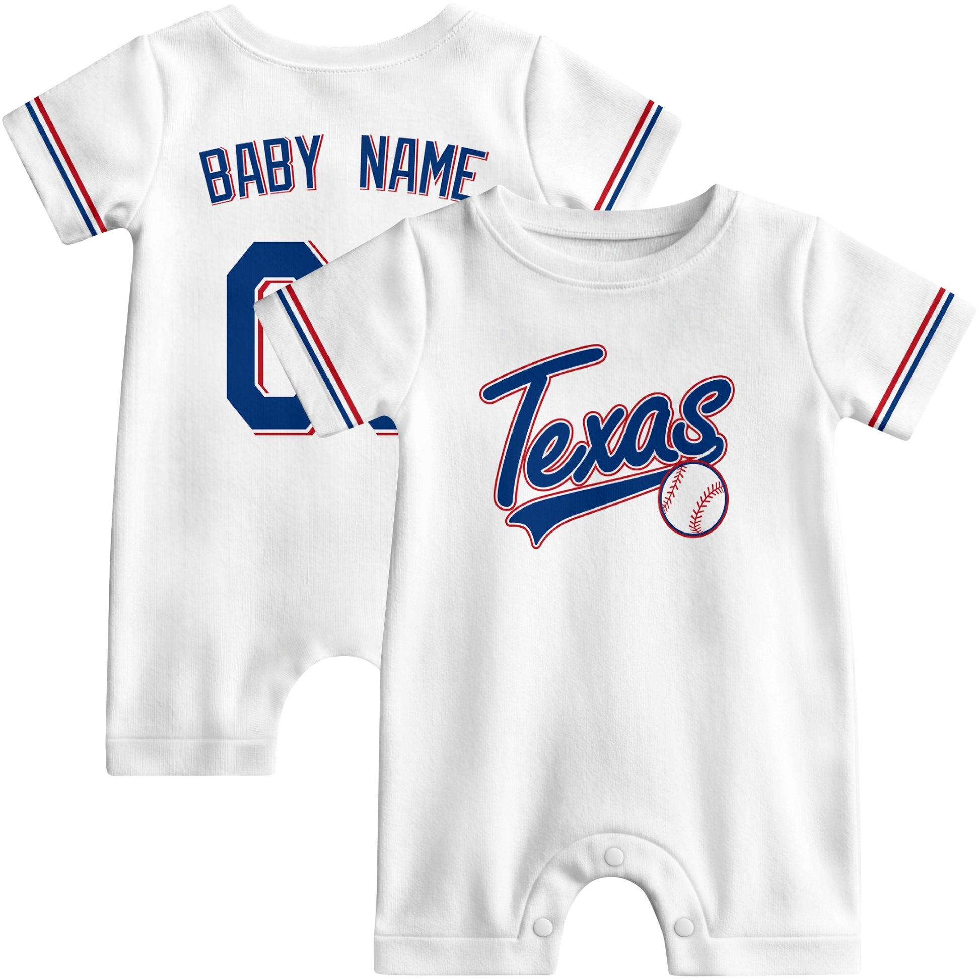 Front and back view of red custom baseball-style baby romper