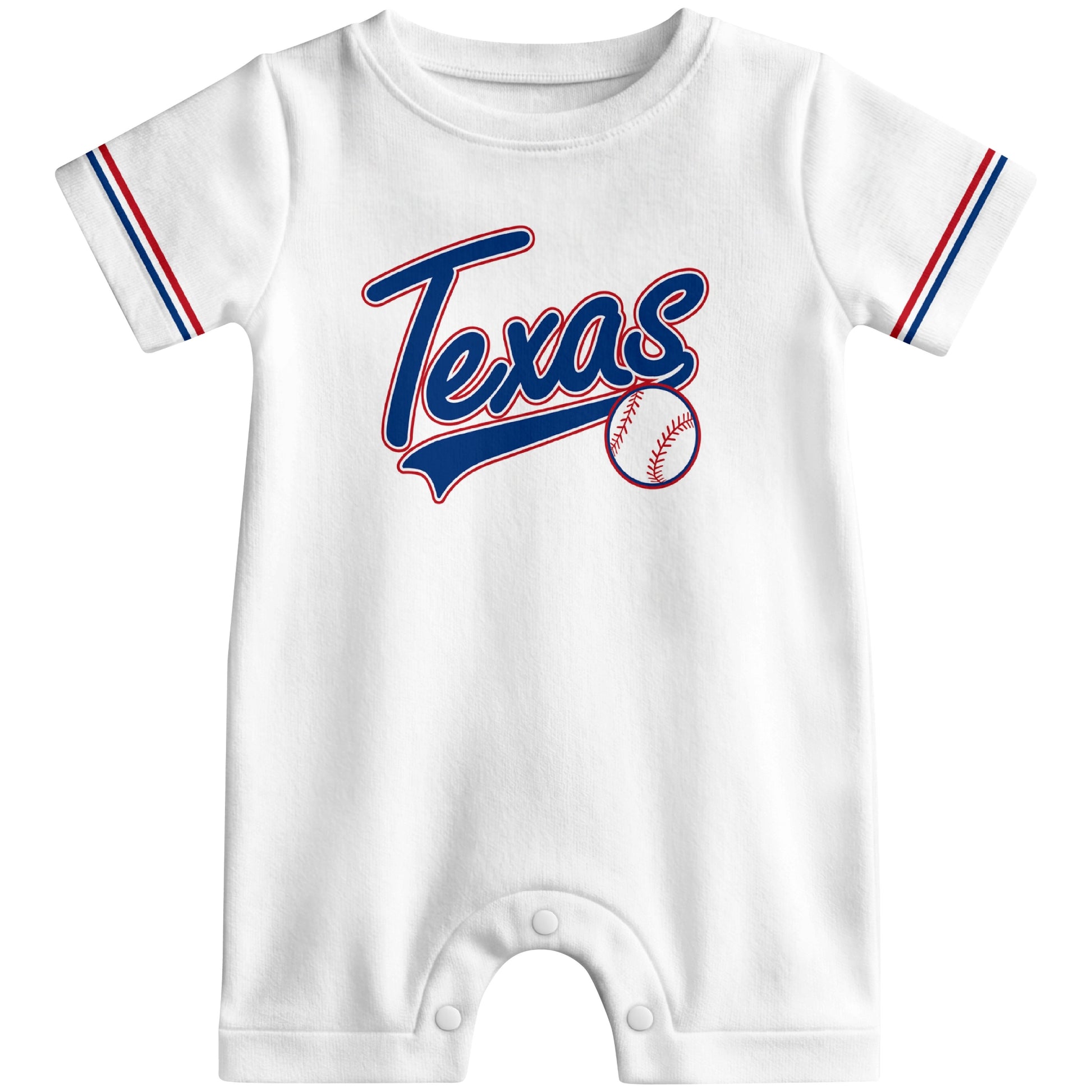 Front view of red custom baseball-style baby romper with team-inspired text design
