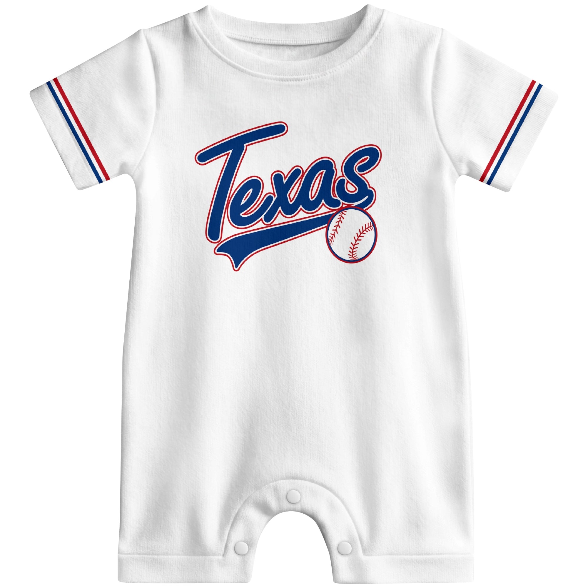 Front view of red custom baseball-style baby romper with team-inspired text design