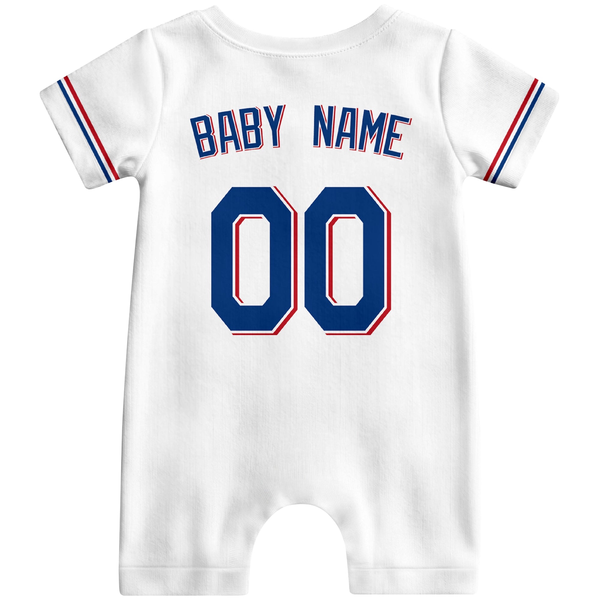 Back view of red custom baby romper with personalized name and number