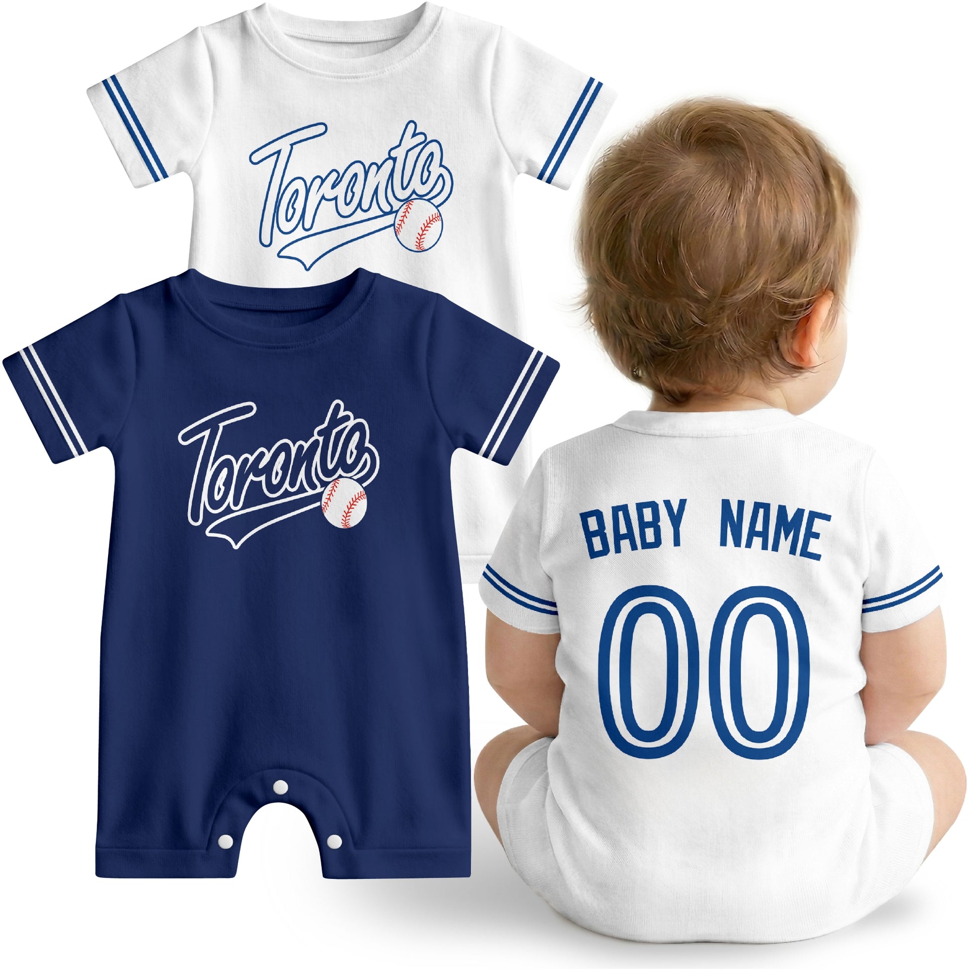 Toronto Baby wearing custom baseball-style romper in royal blue and white with personalized name and number, shown beside two additional sporty color variations