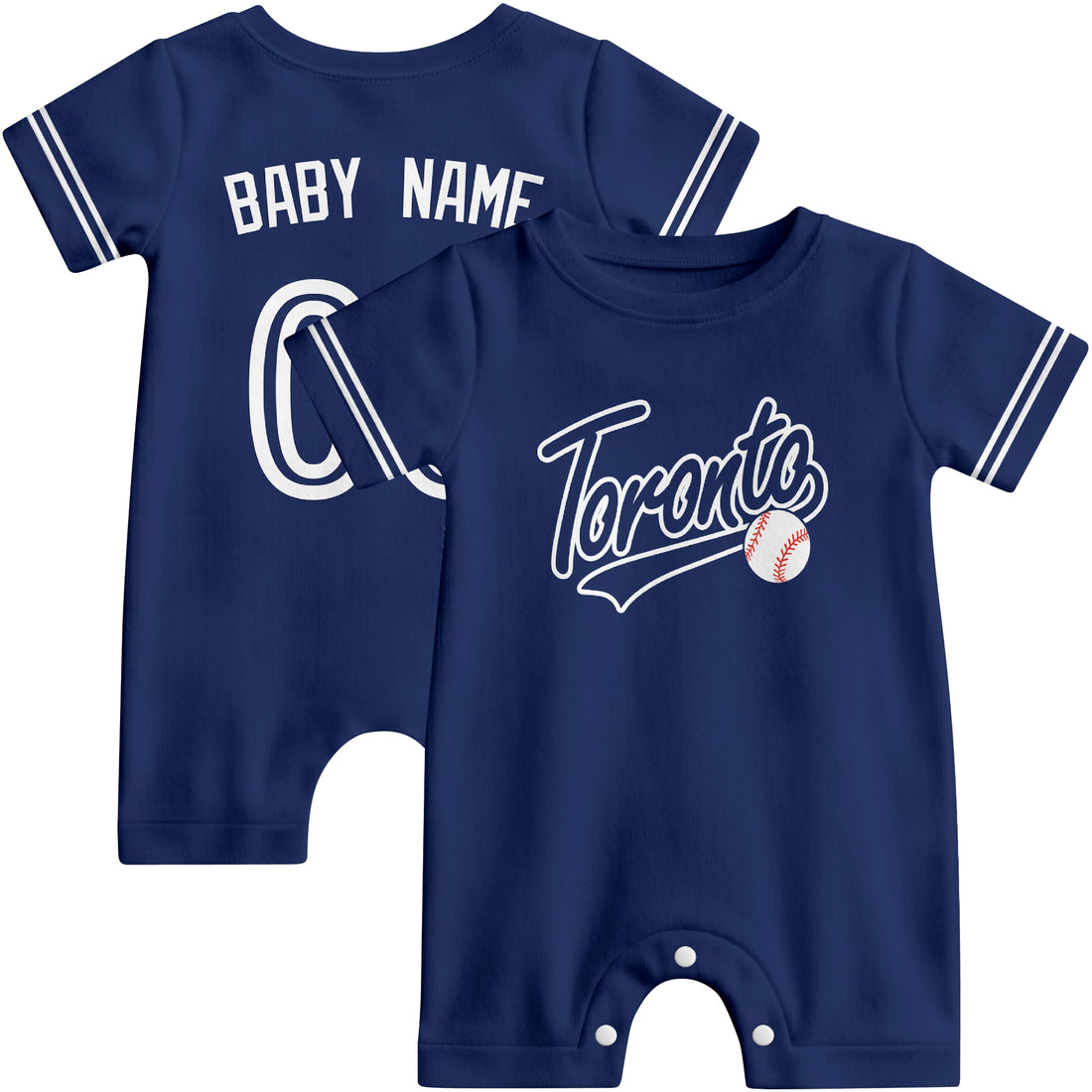 Toronto Baby wearing custom baseball-style romper in royal blue and white with personalized name and number, shown beside two additional sporty color variations