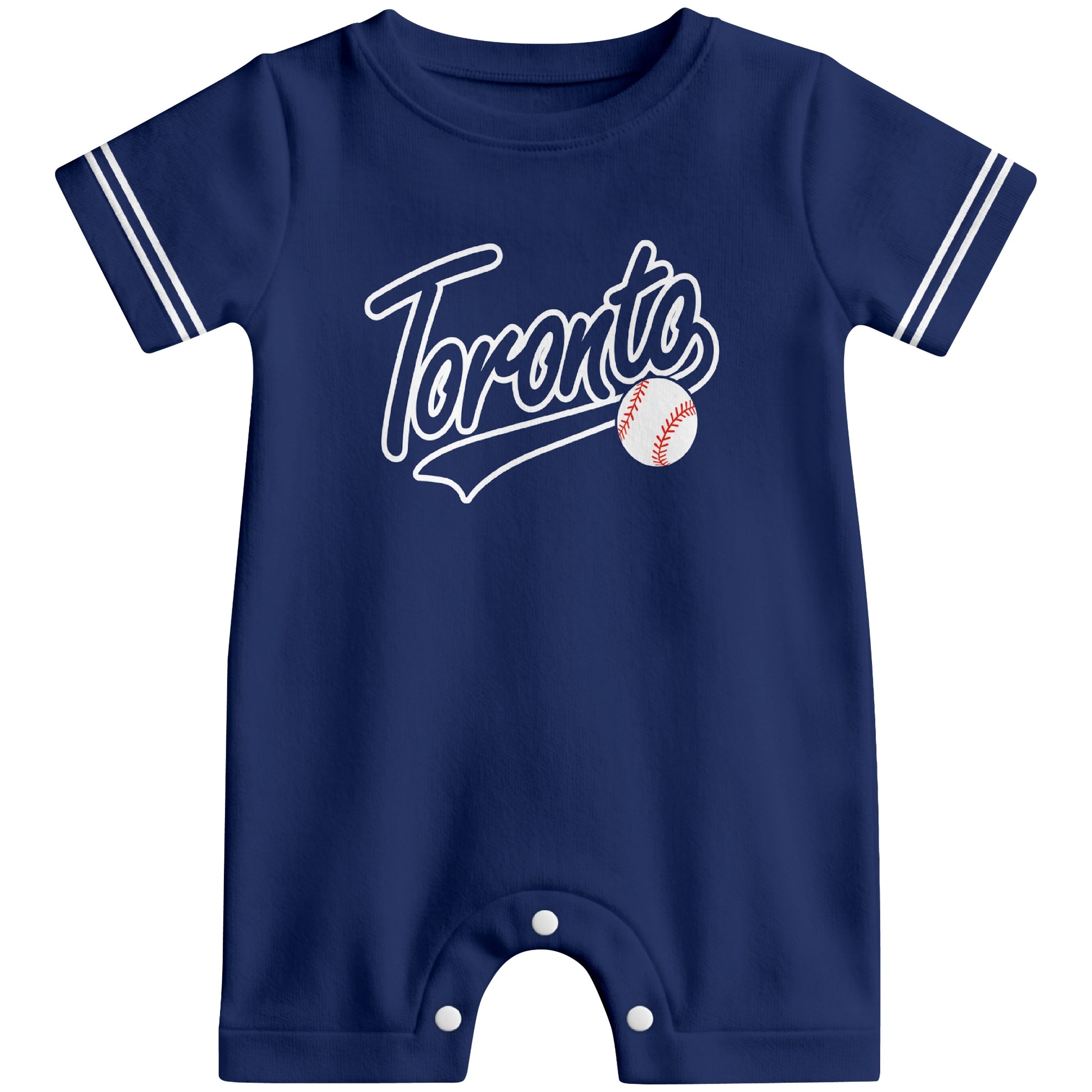 Front view of royal blue custom baseball-style baby romper with team-inspired text design