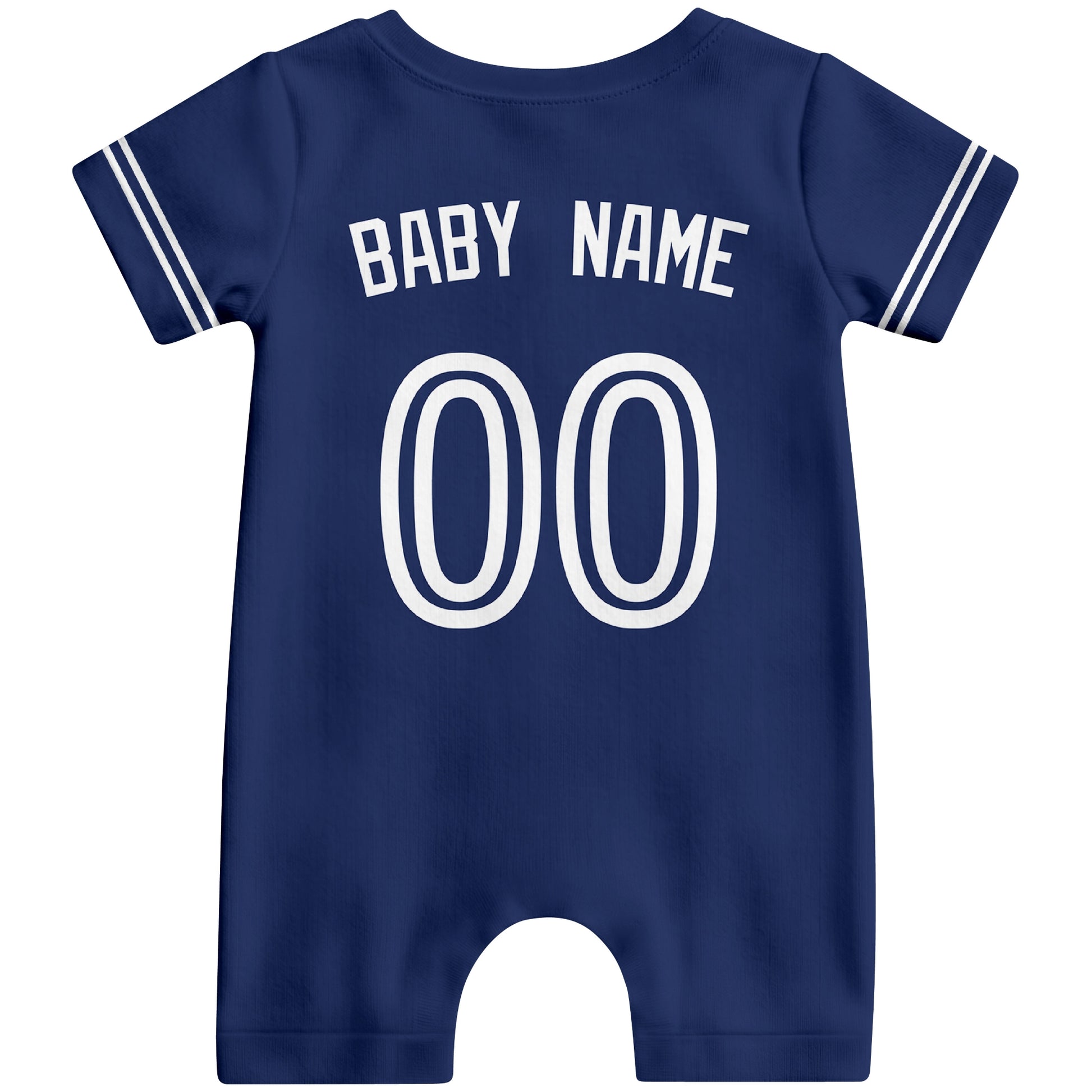 Back view of royal blue custom baby romper with personalized name and number