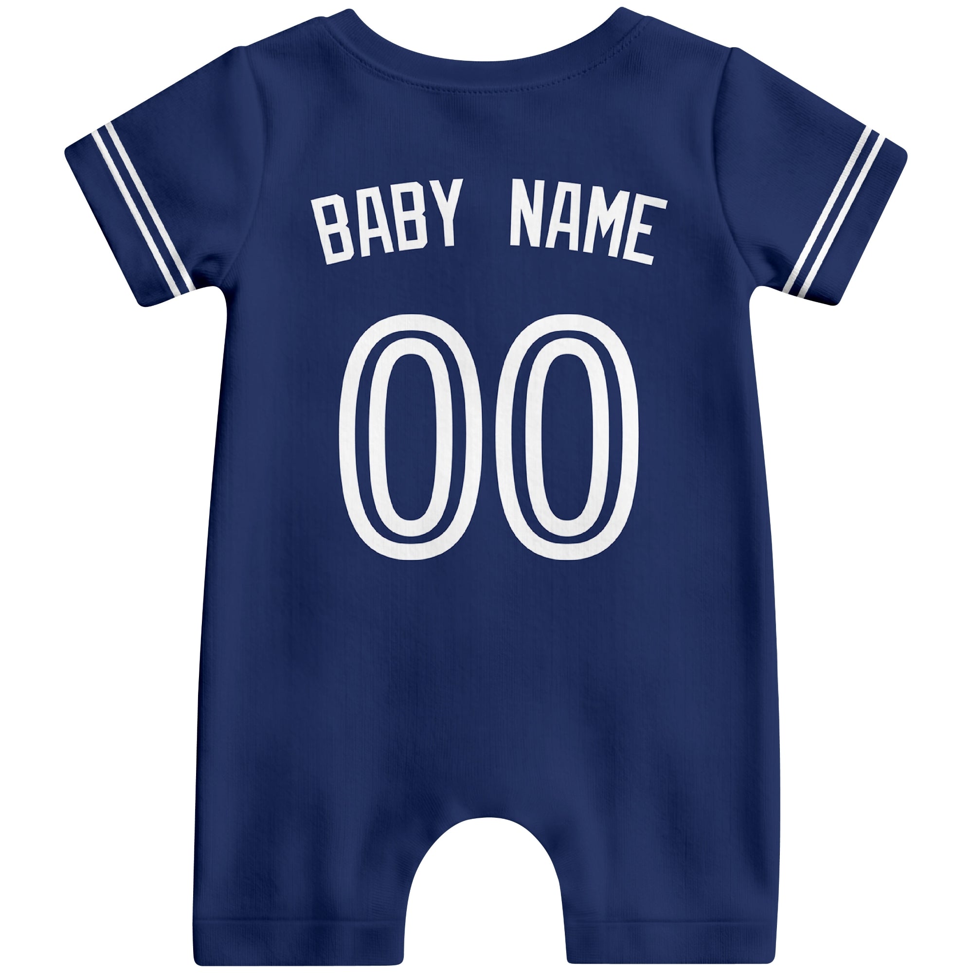 Back view of royal blue custom baby romper with personalized name and number