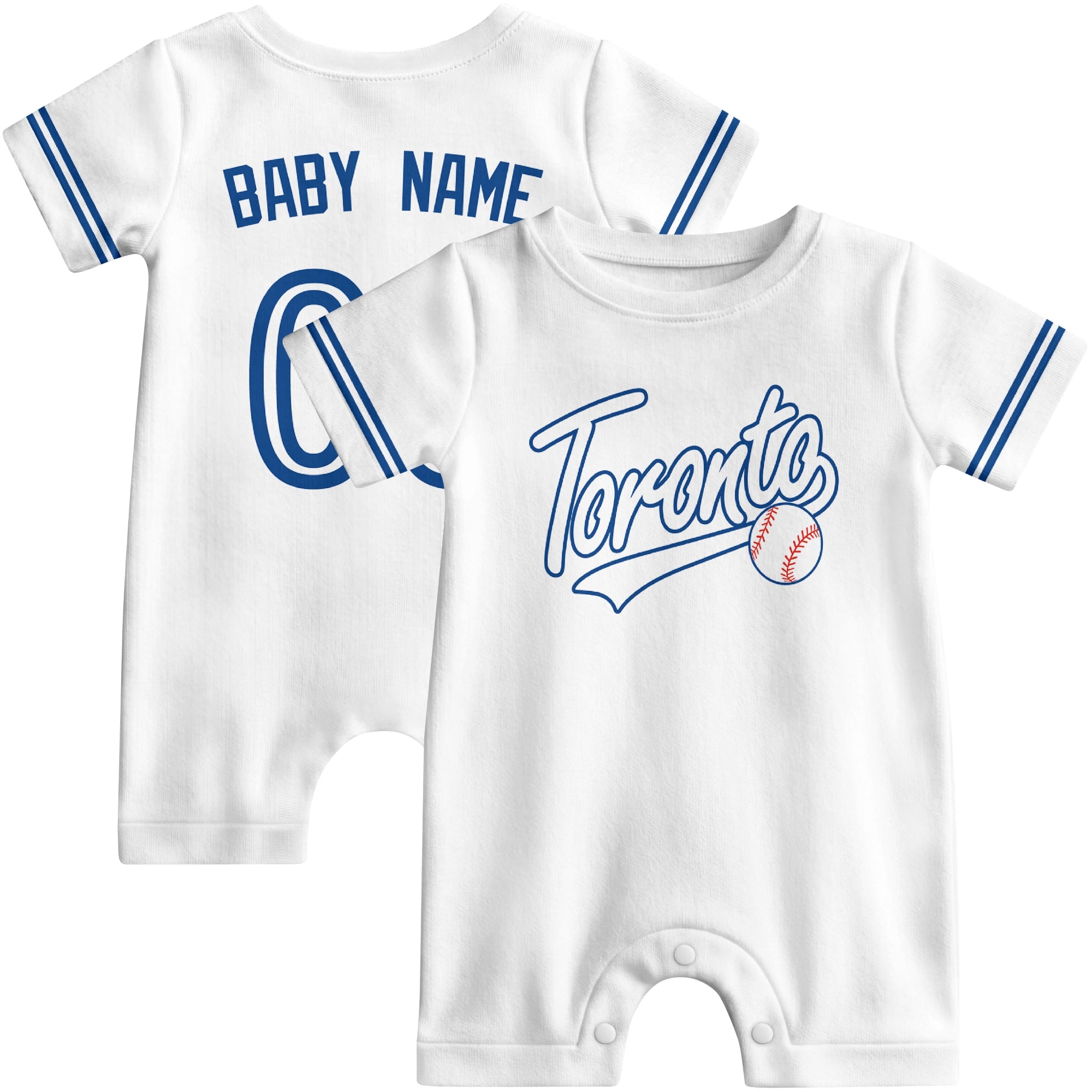 Front and back view of white custom baseball-style baby romper